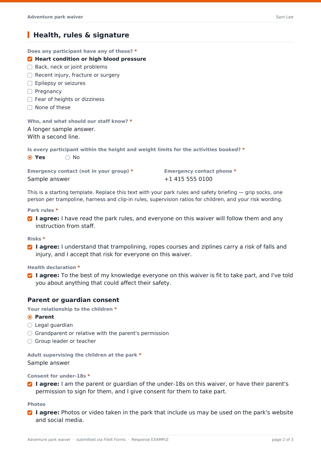 Adventure park waiver — example response PDF, page 2 of 3