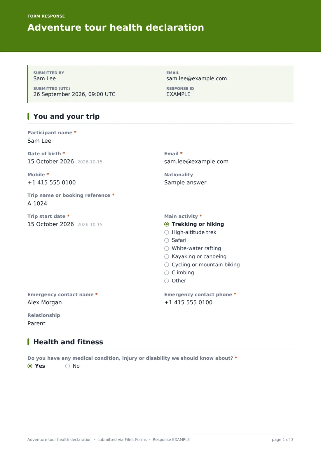 Adventure tour health declaration — example response PDF, page 1 of 3