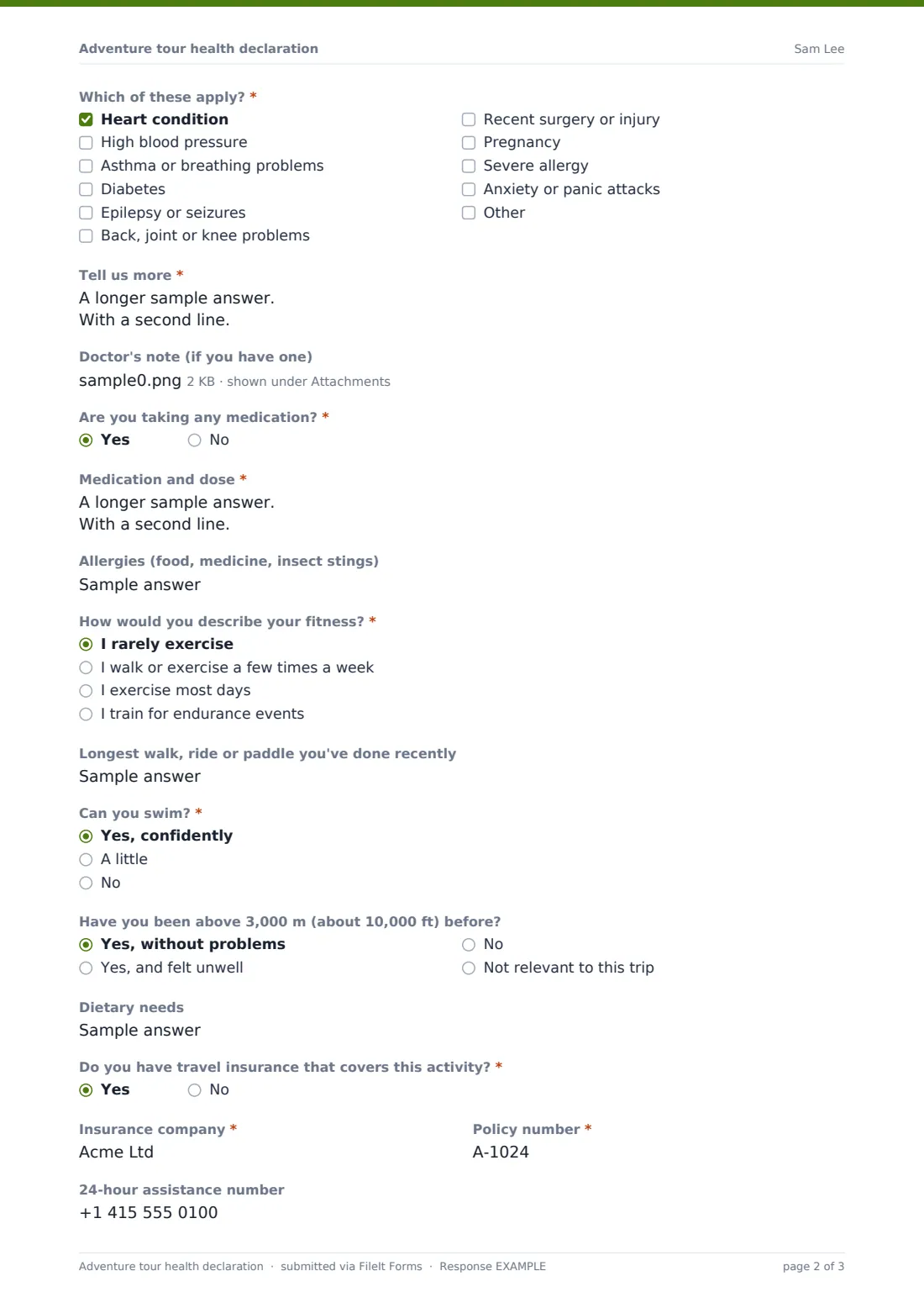 Adventure tour health declaration — example response PDF, page 2 of 3