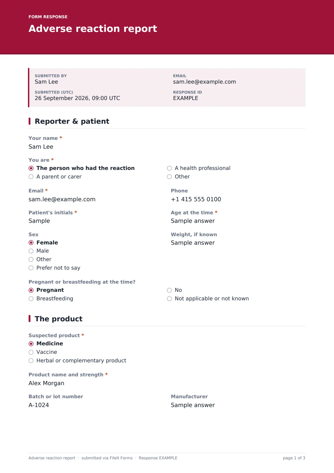Adverse reaction report — example response PDF, page 1 of 3