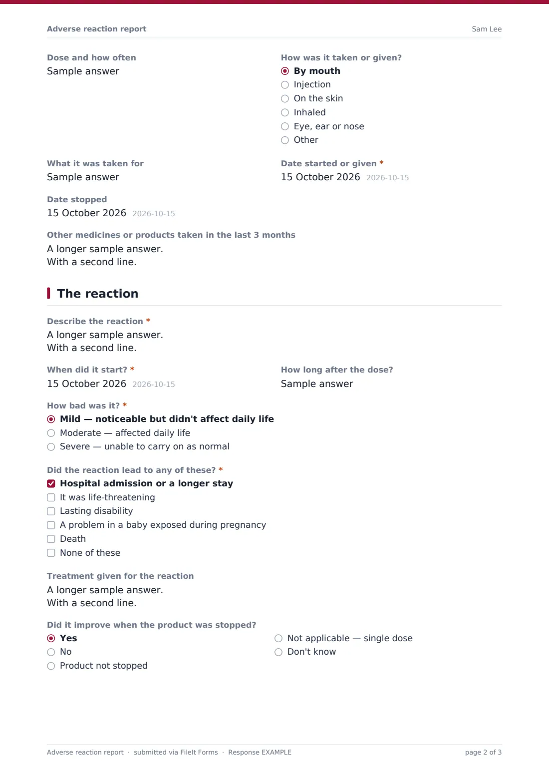 Adverse reaction report — example response PDF, page 2 of 3