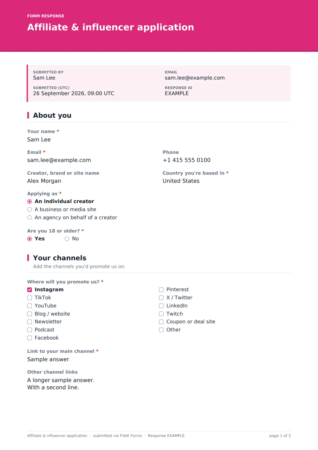 Affiliate & influencer application — example response PDF, page 1 of 3