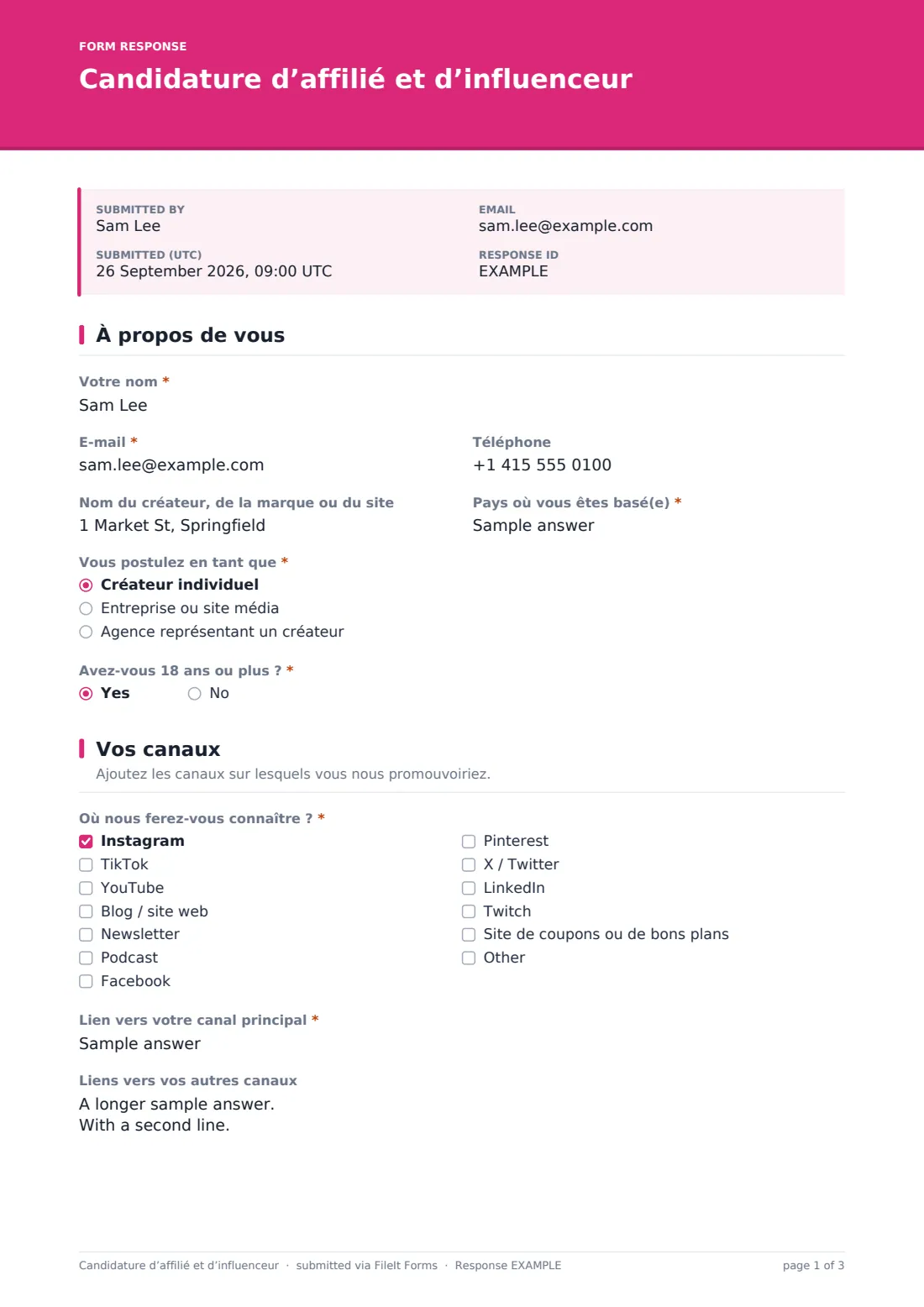 Candidature d’affilié et d’influenceur — exemple de réponse au format PDF, page 1 sur 3