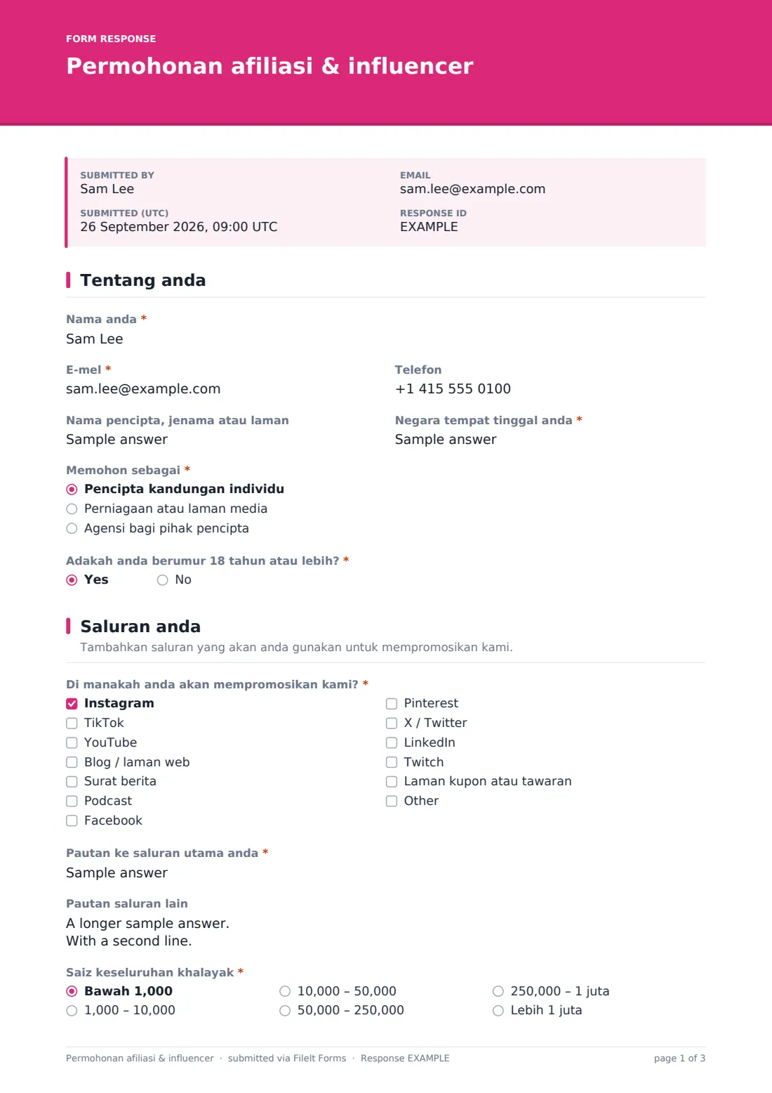 Permohonan afiliasi & influencer — PDF respons contoh, halaman 1 daripada 3