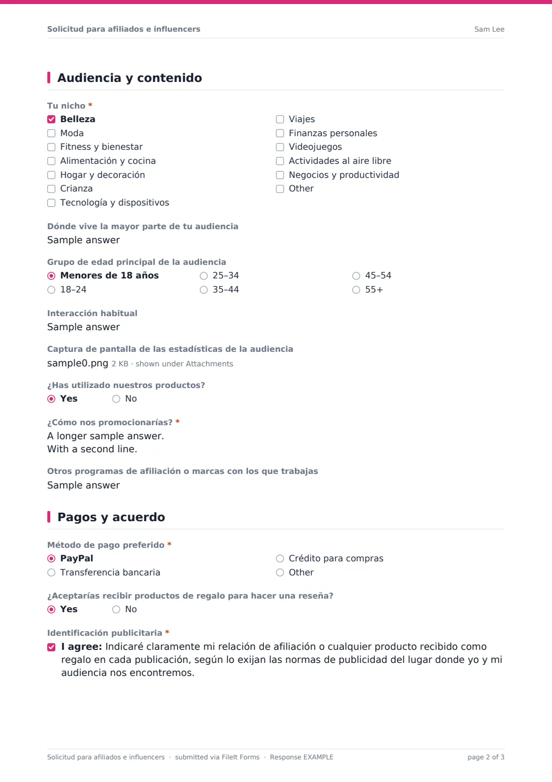 Solicitud para afiliados e influencers — PDF de respuesta de ejemplo, página 2 de 3