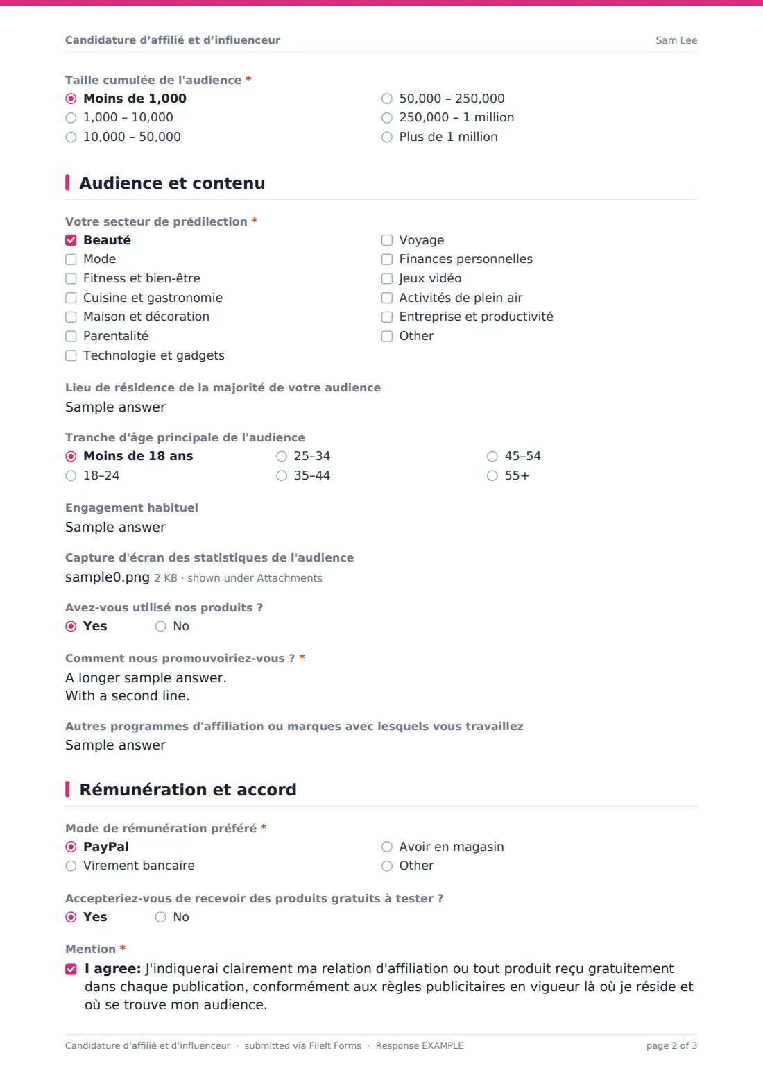 Candidature d’affilié et d’influenceur — exemple de réponse au format PDF, page 2 sur 3