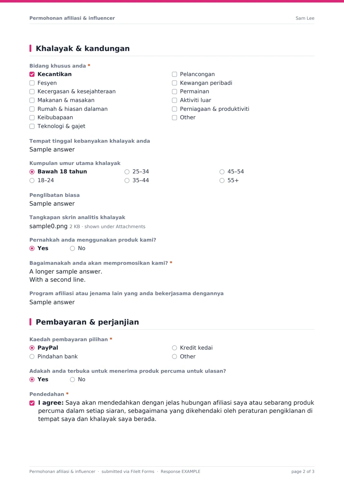 Permohonan afiliasi & influencer — PDF respons contoh, halaman 2 daripada 3