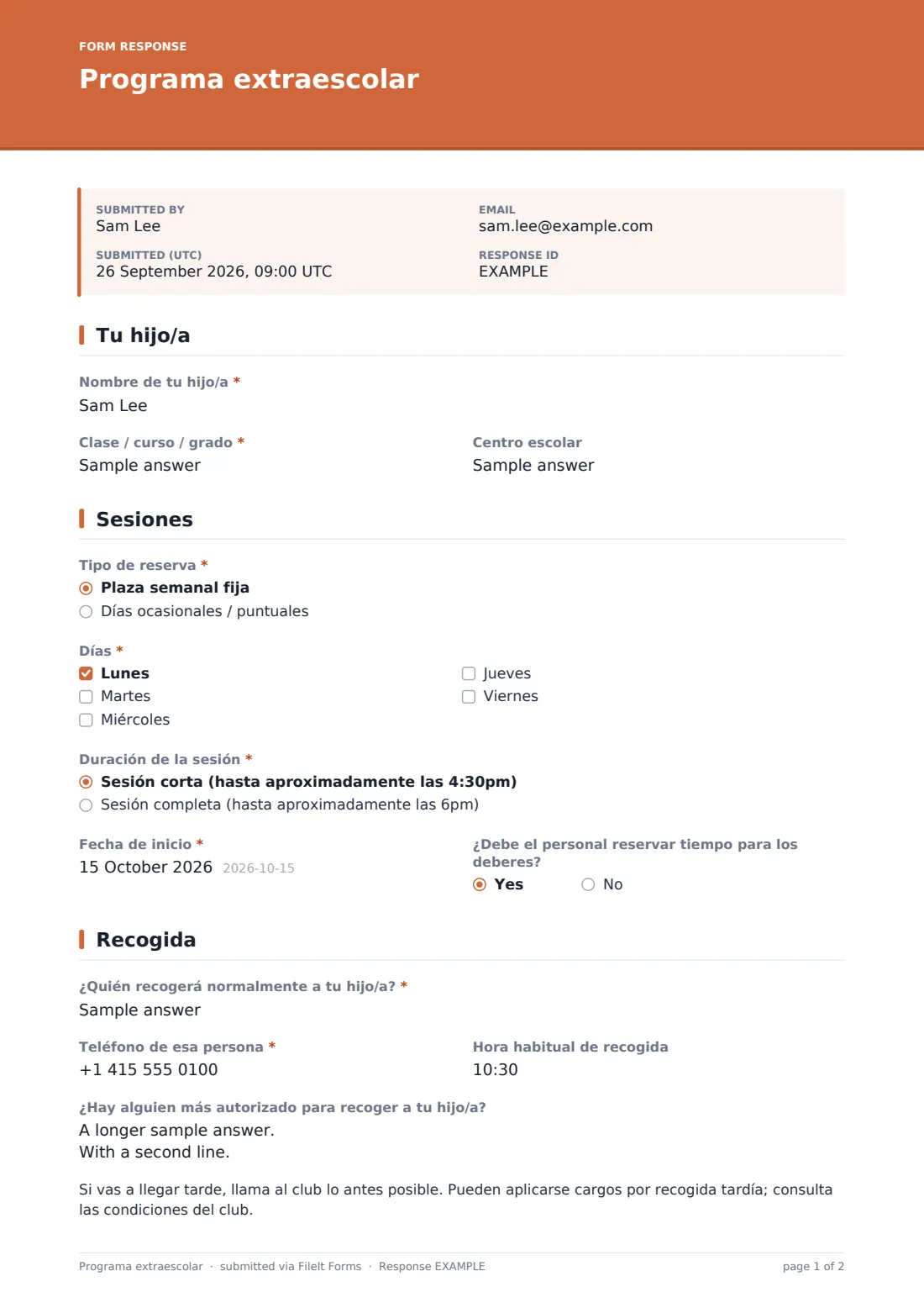 Programa extraescolar — PDF de respuesta de ejemplo, página 1 de 2