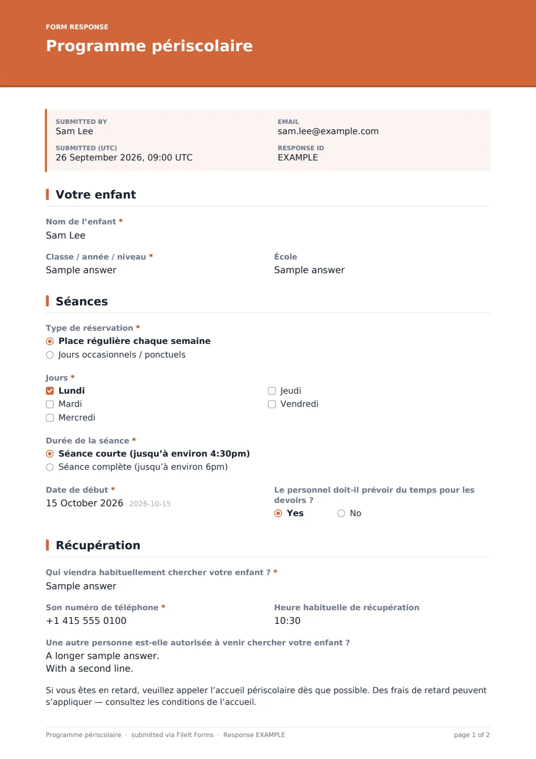 Programme périscolaire — exemple de réponse au format PDF, page 1 sur 2