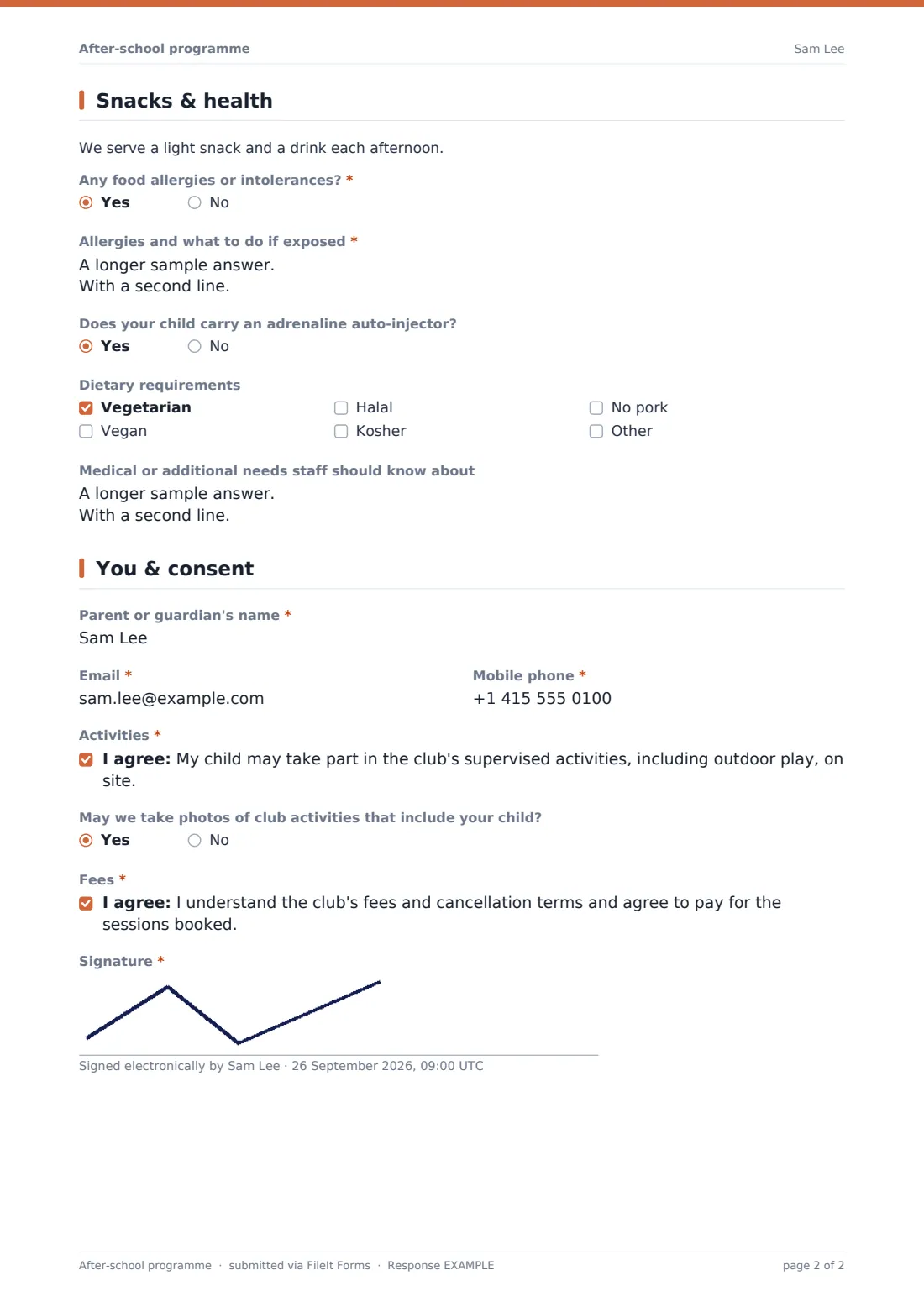 After-school programme — example response PDF, page 2 of 2
