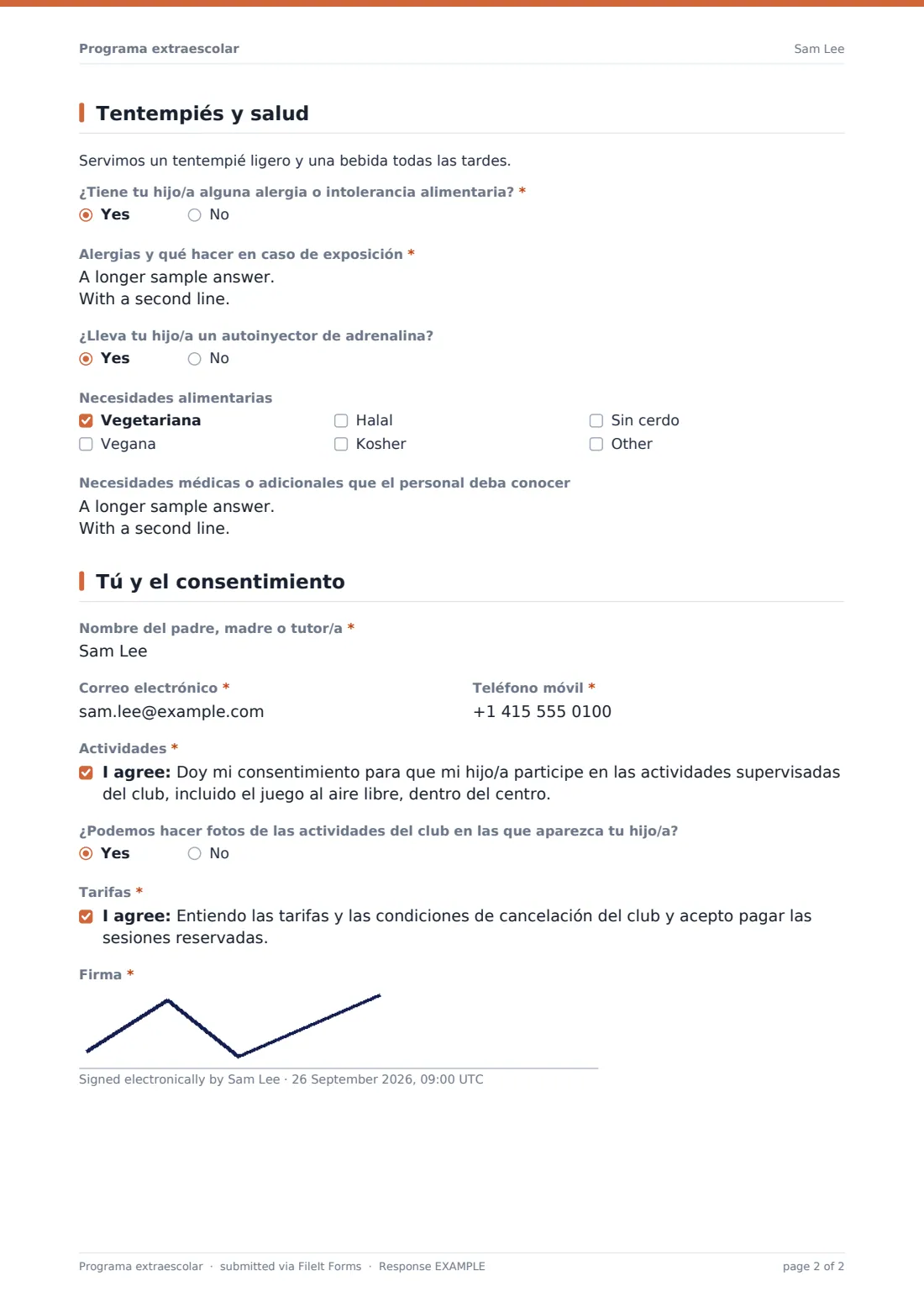 Programa extraescolar — PDF de respuesta de ejemplo, página 2 de 2