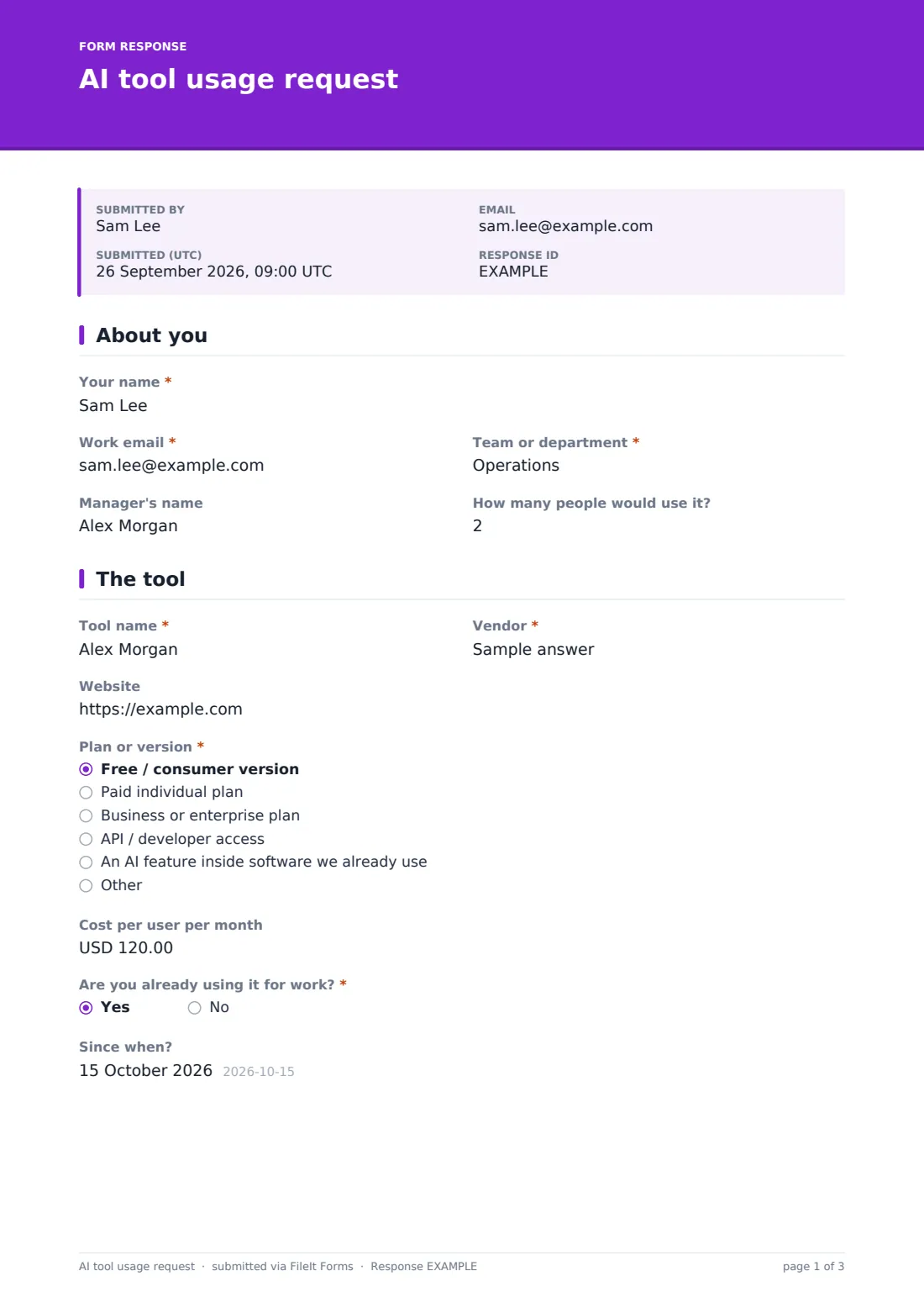AI tool usage request — example response PDF, page 1 of 3