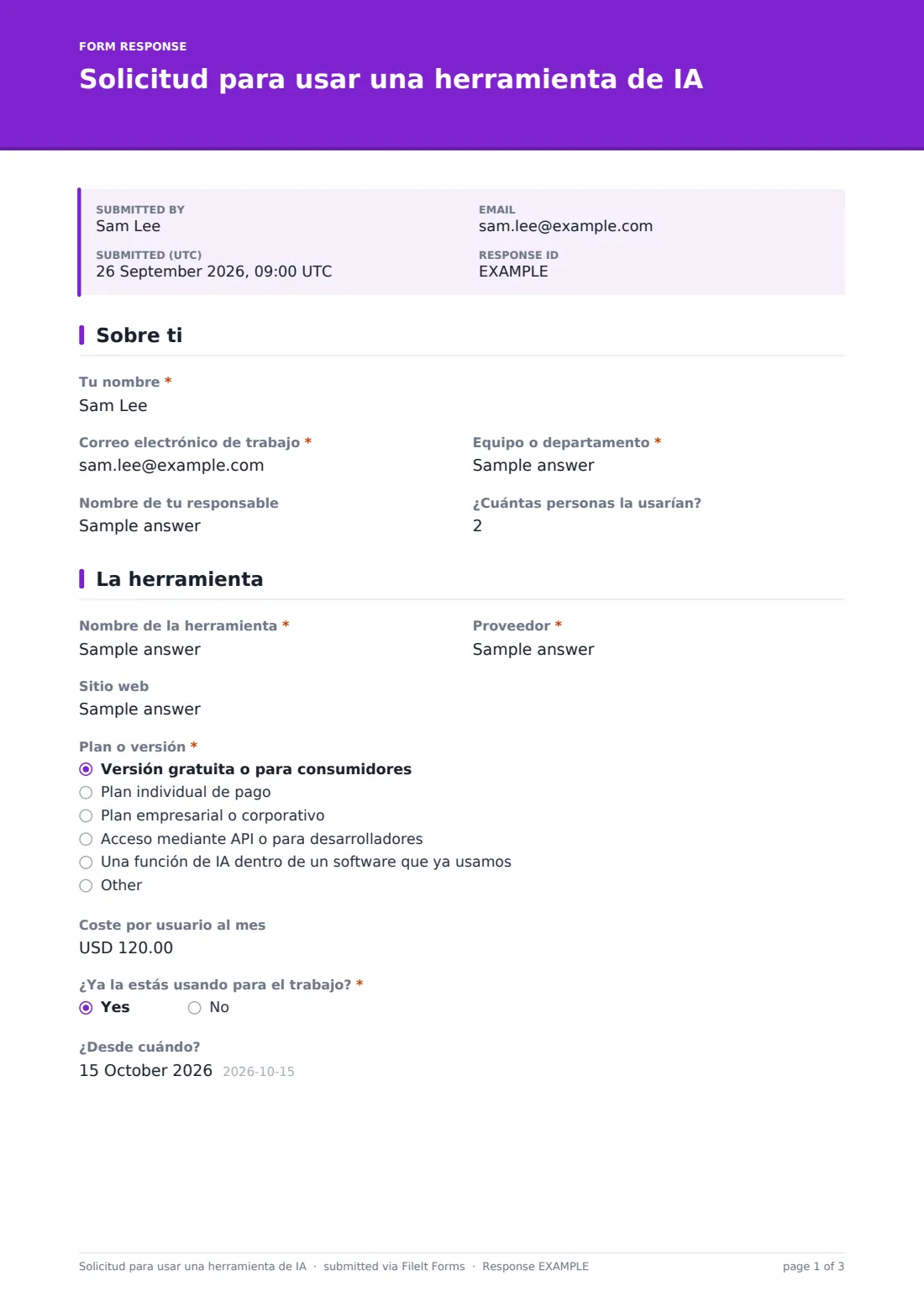 Solicitud para usar una herramienta de IA — PDF de respuesta de ejemplo, página 1 de 3