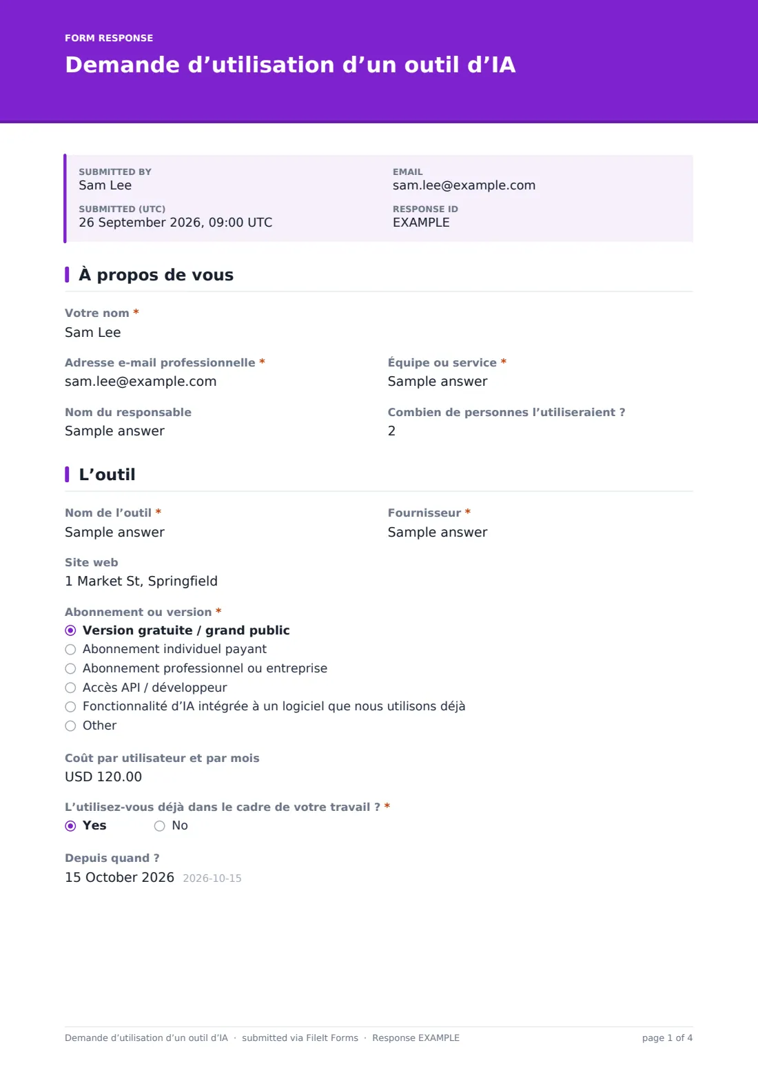 Demande d’utilisation d’un outil d’IA — exemple de réponse au format PDF, page 1 sur 4