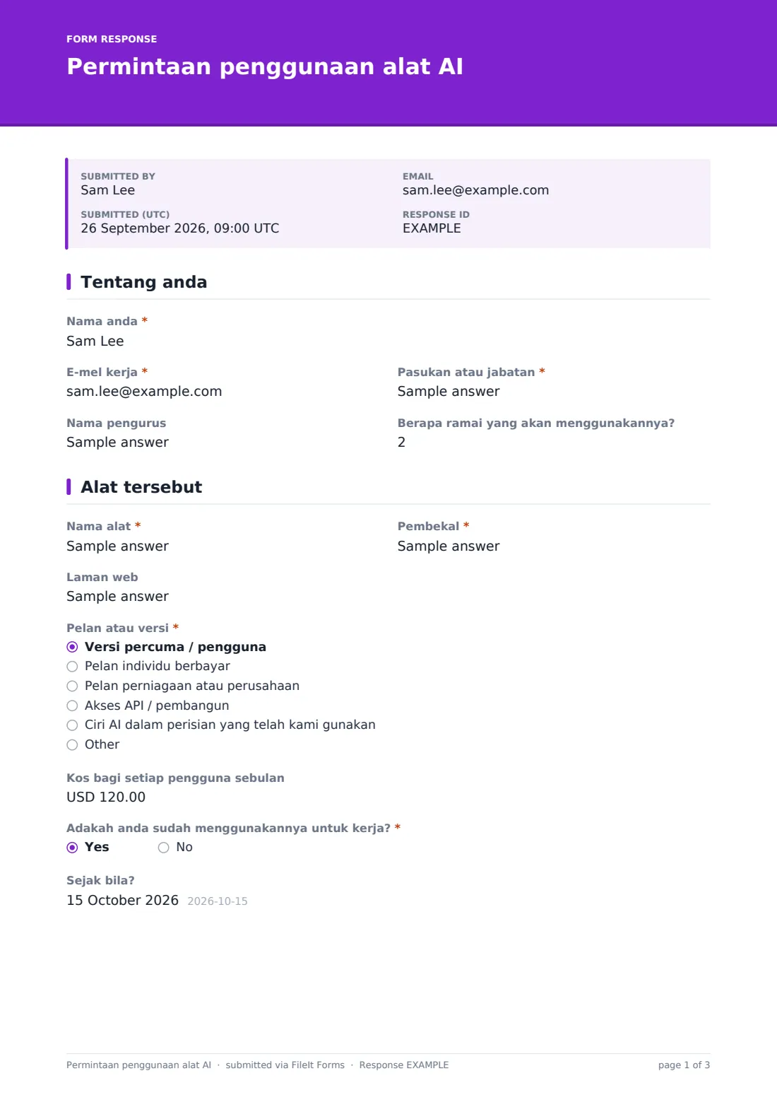 Permintaan penggunaan alat AI — PDF respons contoh, halaman 1 daripada 3