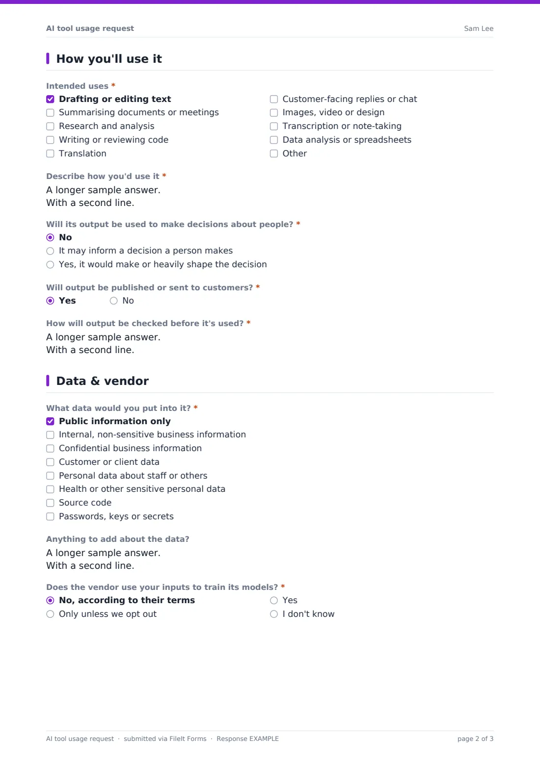 AI tool usage request — example response PDF, page 2 of 3