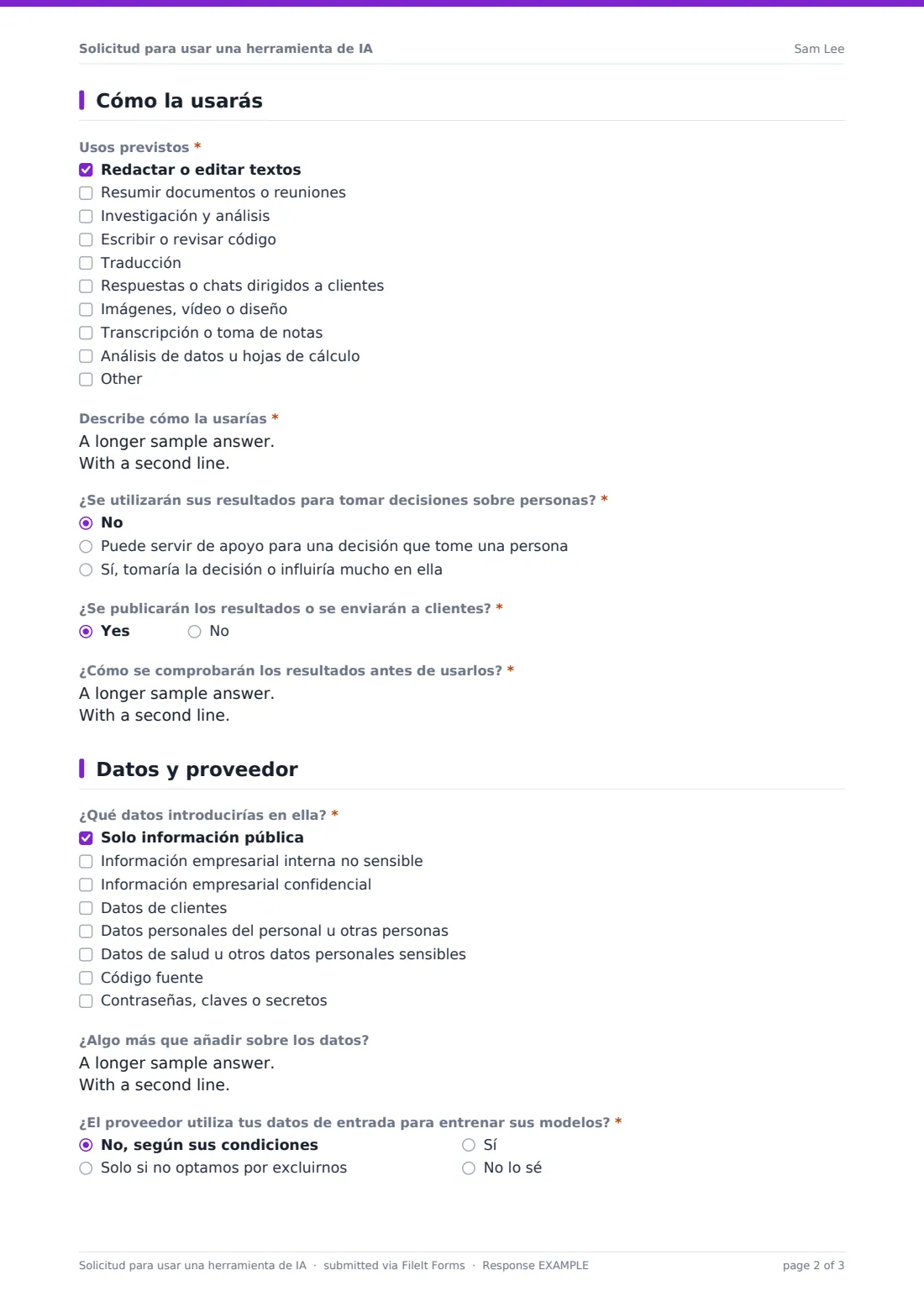 Solicitud para usar una herramienta de IA — PDF de respuesta de ejemplo, página 2 de 3