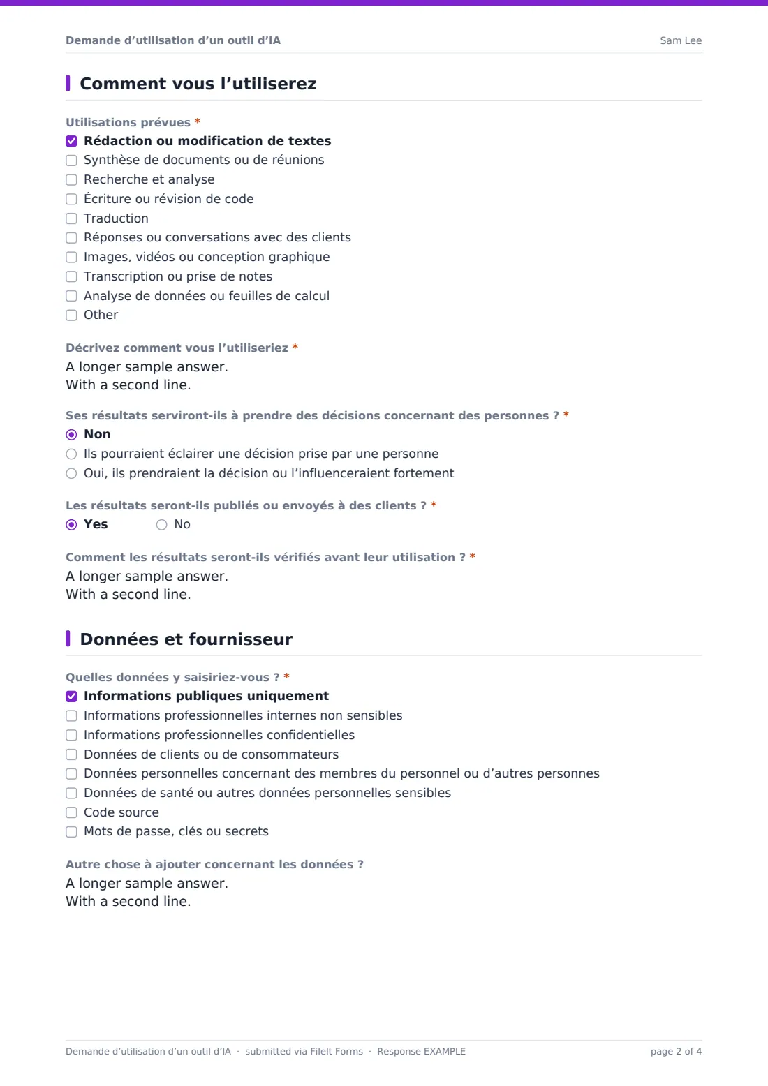 Demande d’utilisation d’un outil d’IA — exemple de réponse au format PDF, page 2 sur 4