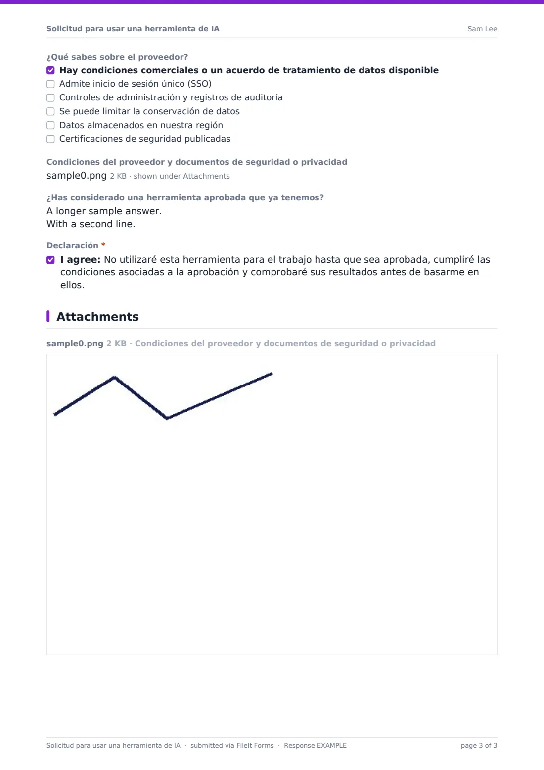 Solicitud para usar una herramienta de IA — PDF de respuesta de ejemplo, página 3 de 3
