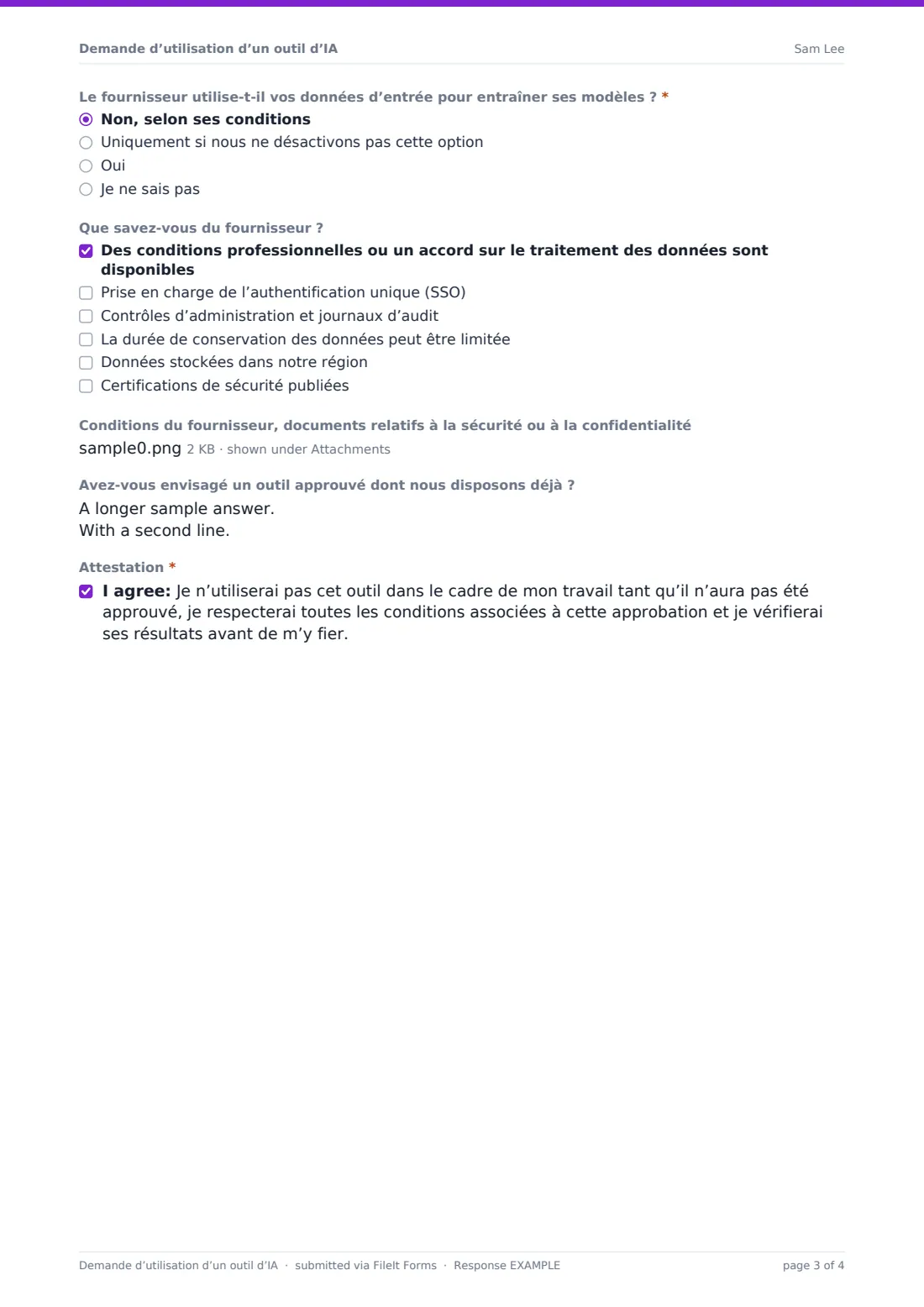Demande d’utilisation d’un outil d’IA — exemple de réponse au format PDF, page 3 sur 4