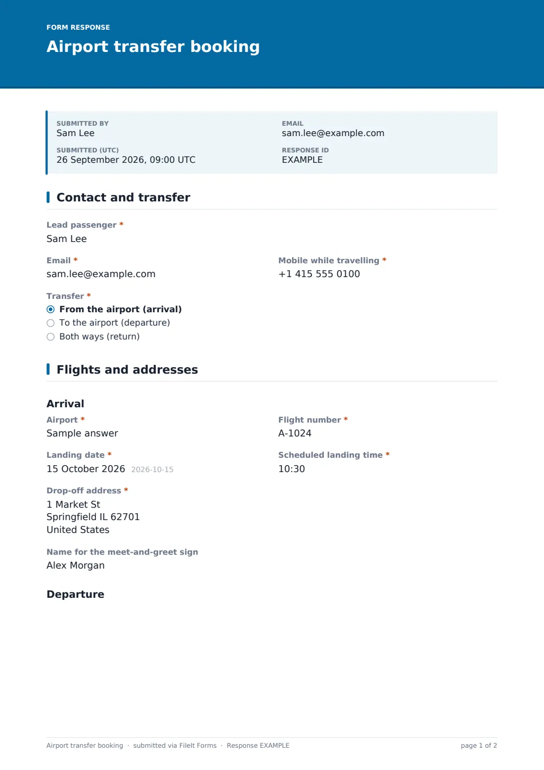 Airport transfer booking — example response PDF, page 1 of 2
