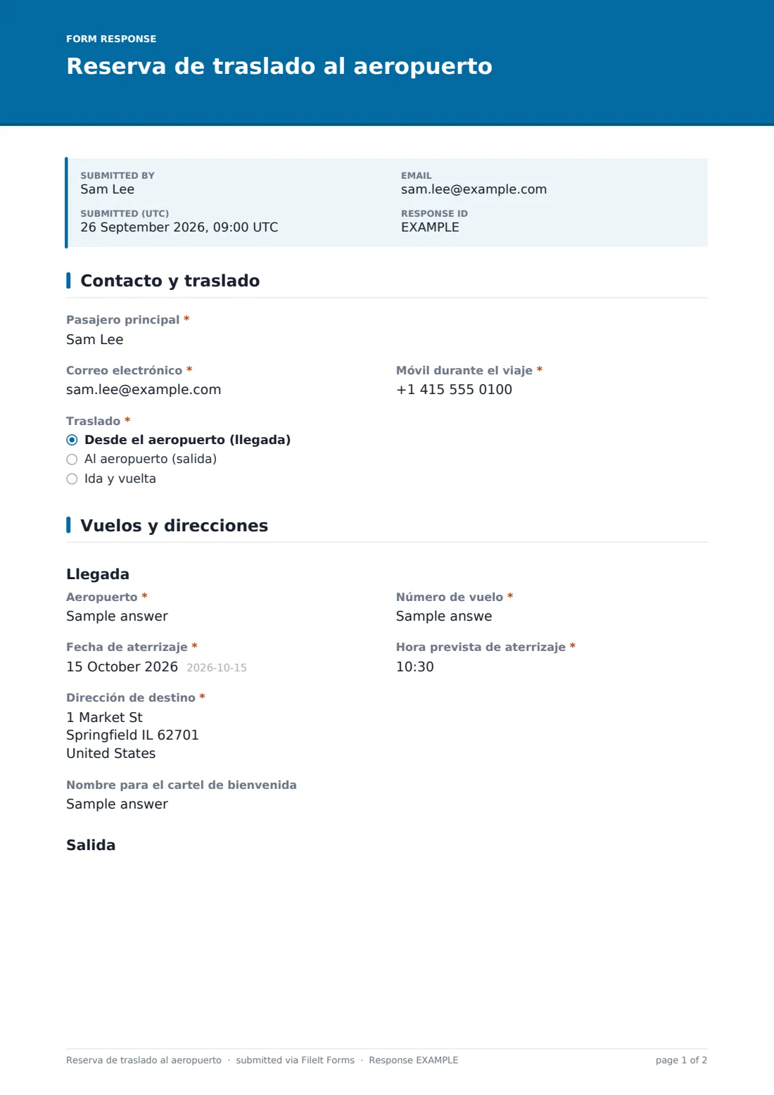 Reserva de traslado al aeropuerto — PDF de respuesta de ejemplo, página 1 de 2