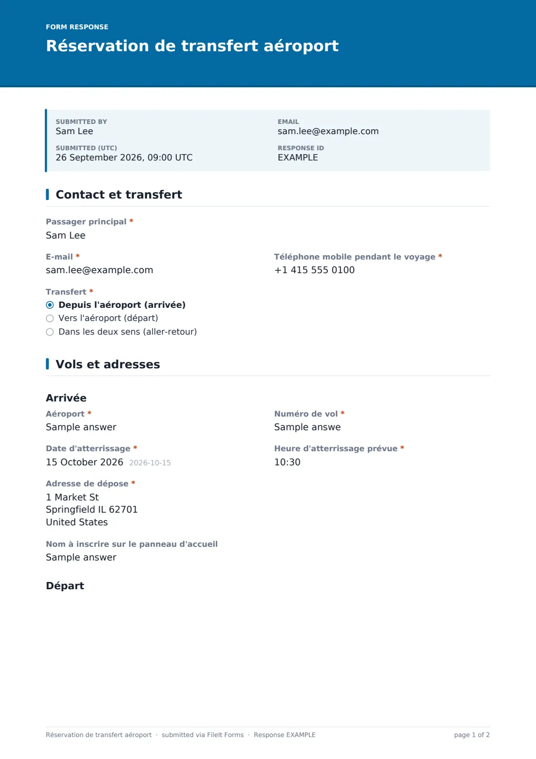 Réservation de transfert aéroport — exemple de réponse au format PDF, page 1 sur 2