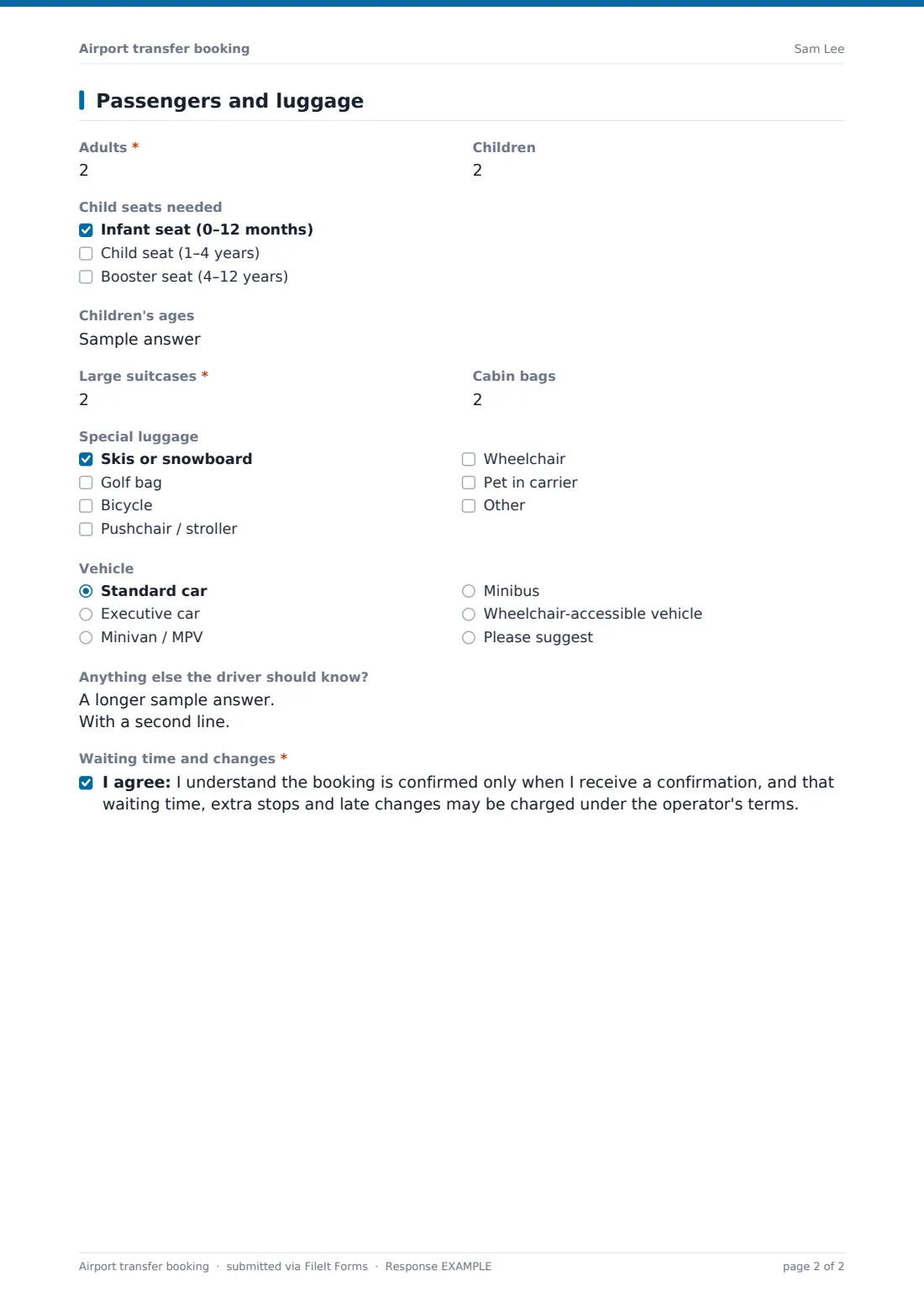 Airport transfer booking — example response PDF, page 2 of 2