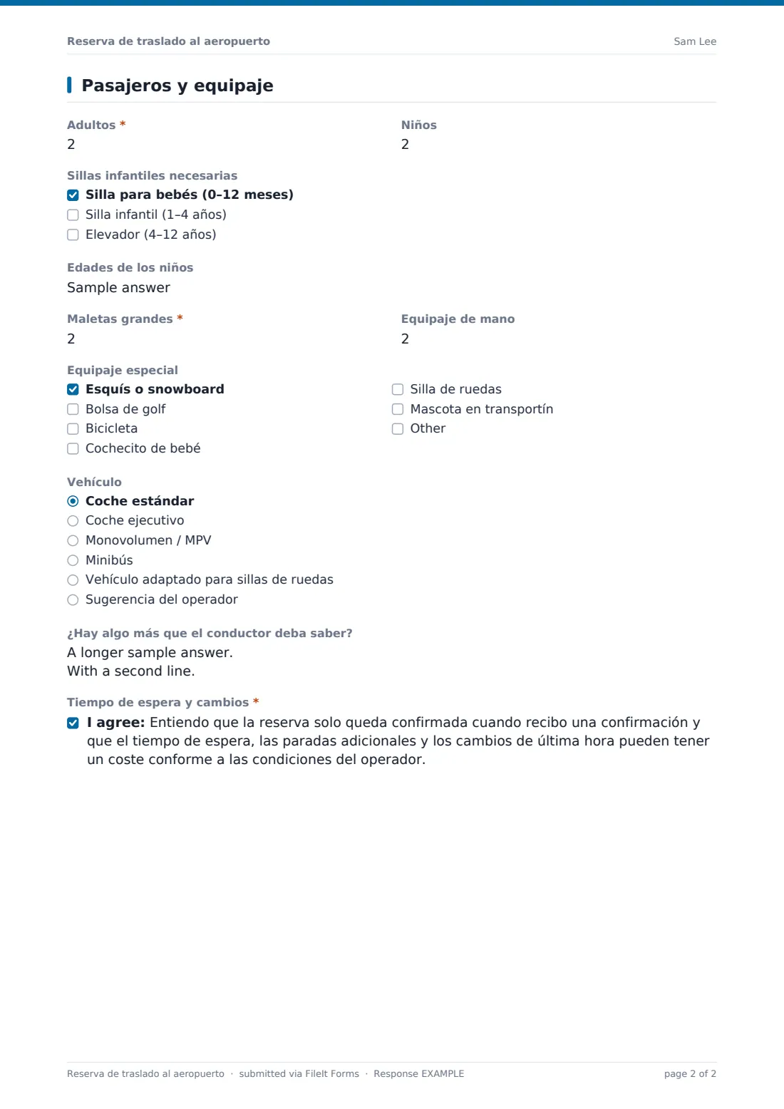 Reserva de traslado al aeropuerto — PDF de respuesta de ejemplo, página 2 de 2