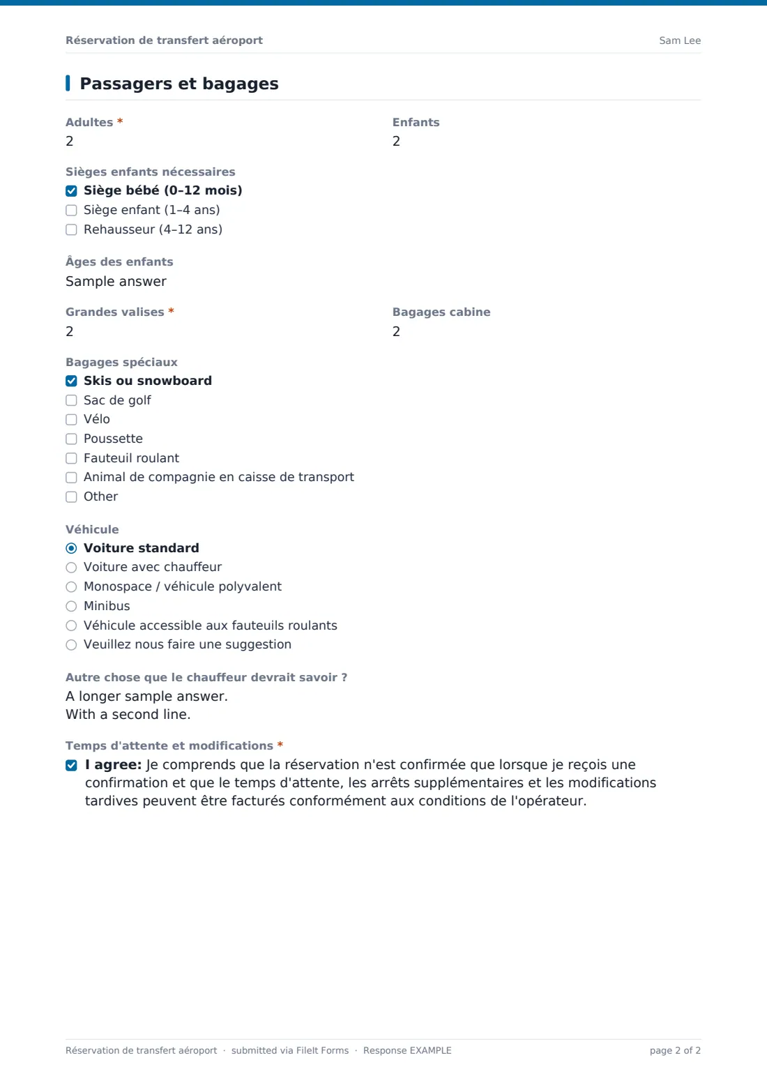 Réservation de transfert aéroport — exemple de réponse au format PDF, page 2 sur 2