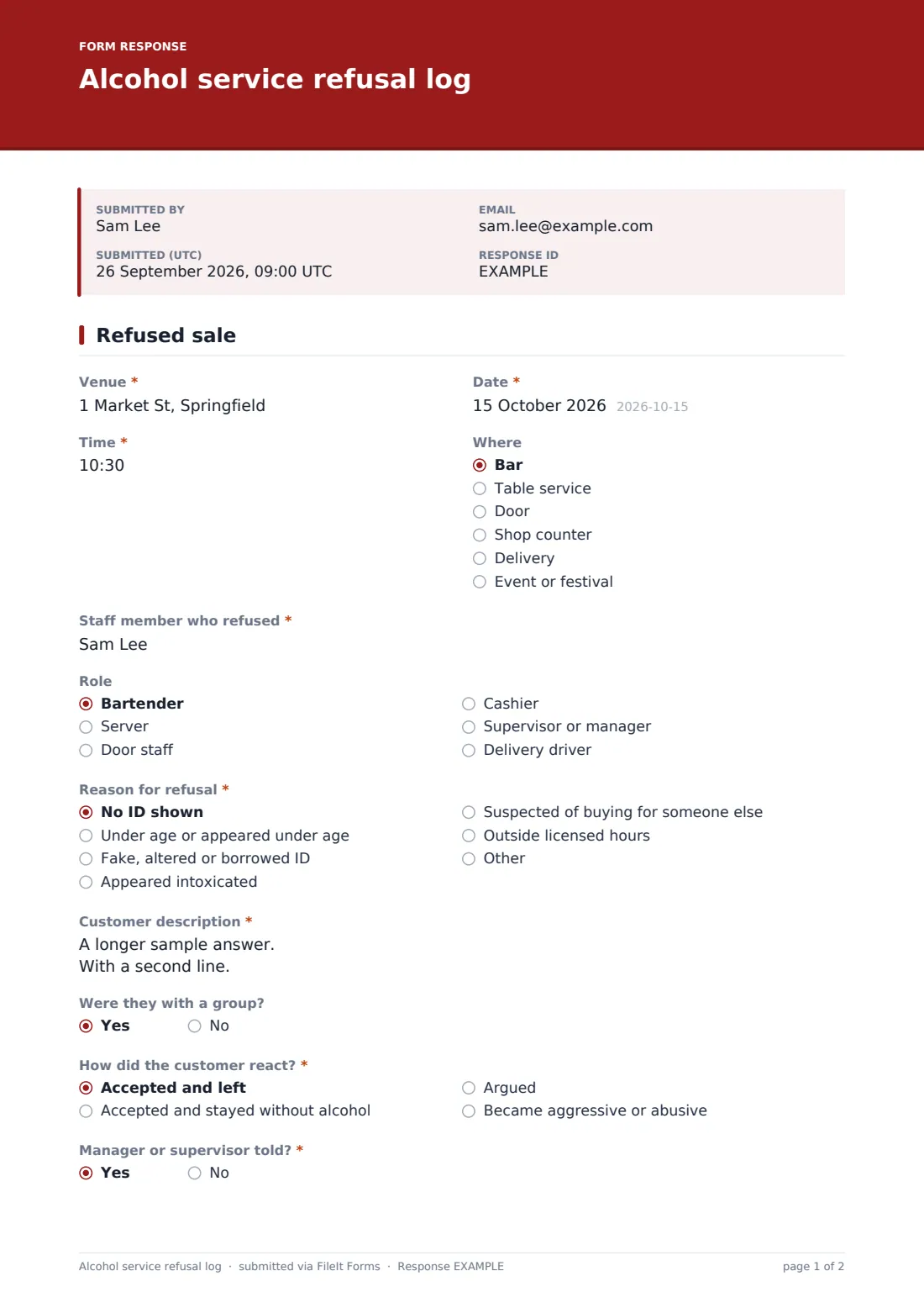 Alcohol service refusal log — example response PDF, page 1 of 2