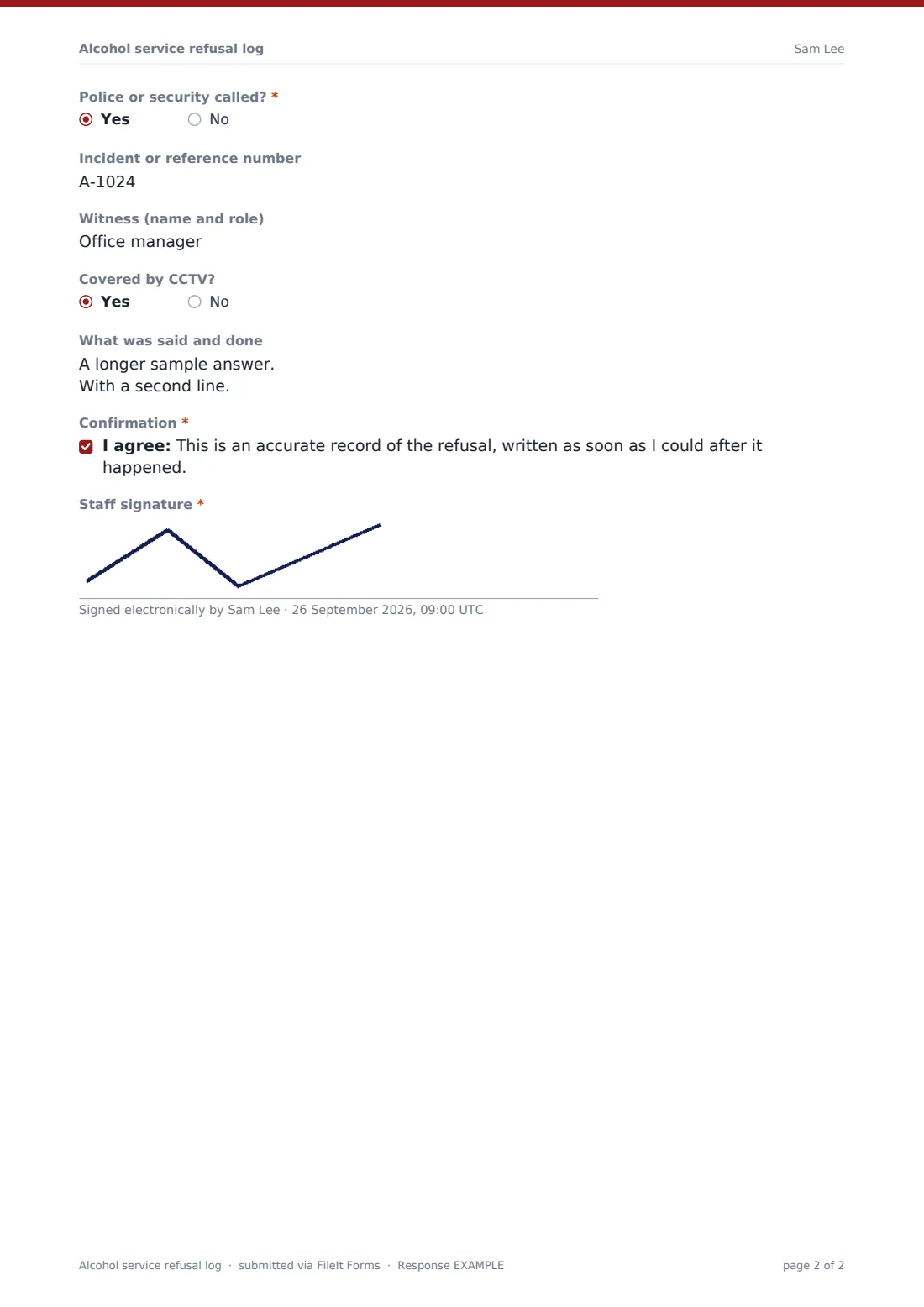 Alcohol service refusal log — example response PDF, page 2 of 2
