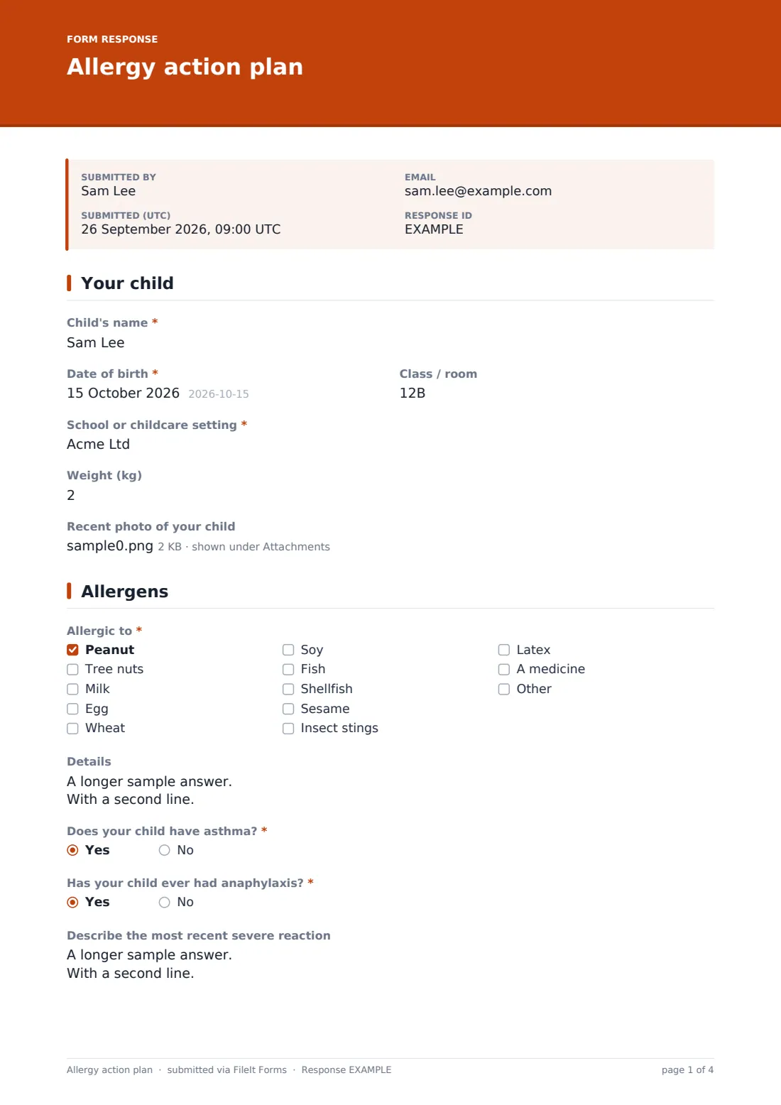 Allergy action plan — example response PDF, page 1 of 4