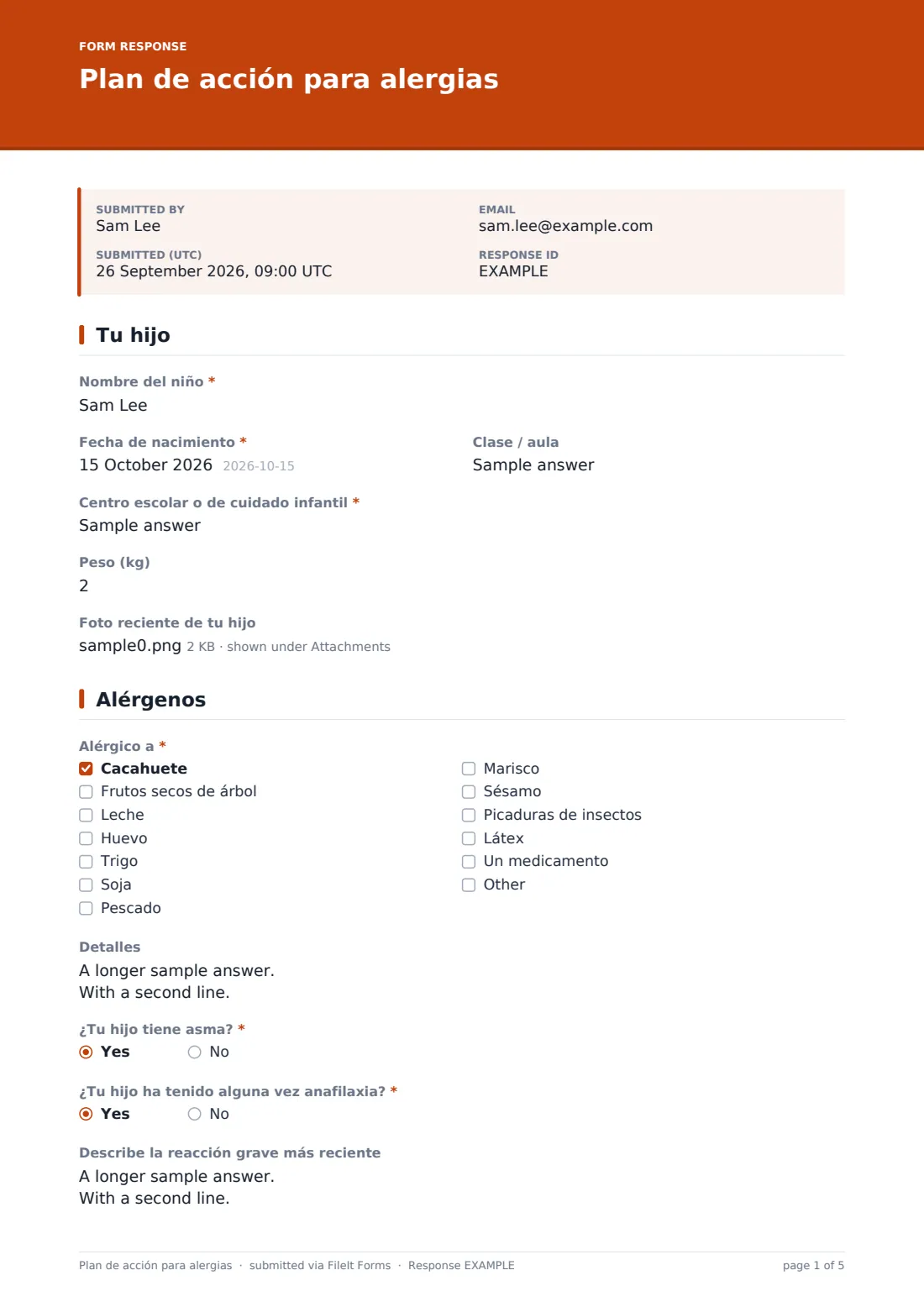 Plan de acción para alergias — PDF de respuesta de ejemplo, página 1 de 5