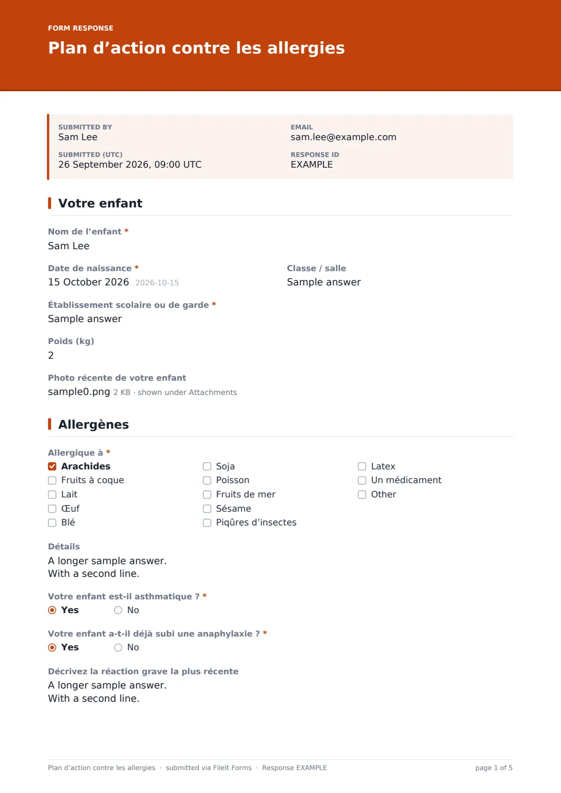 Plan d’action contre les allergies — exemple de réponse au format PDF, page 1 sur 5