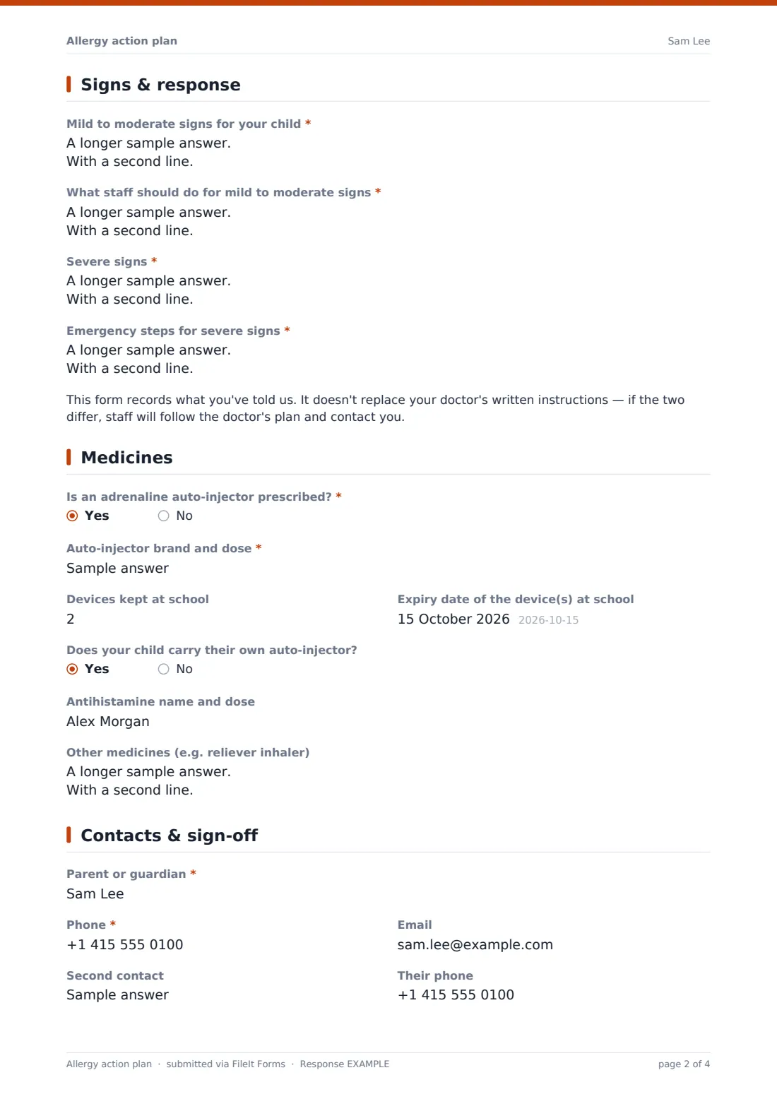 Allergy action plan — example response PDF, page 2 of 4
