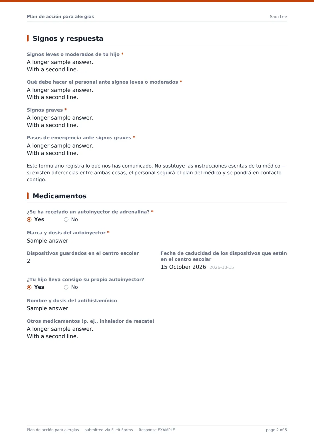 Plan de acción para alergias — PDF de respuesta de ejemplo, página 2 de 5