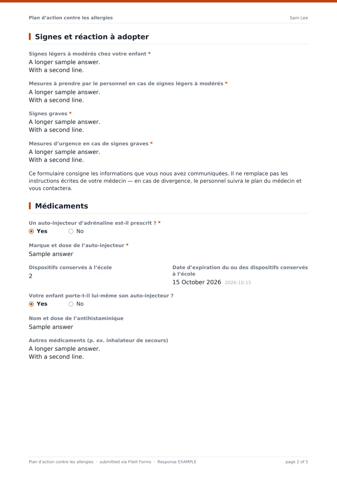 Plan d’action contre les allergies — exemple de réponse au format PDF, page 2 sur 5