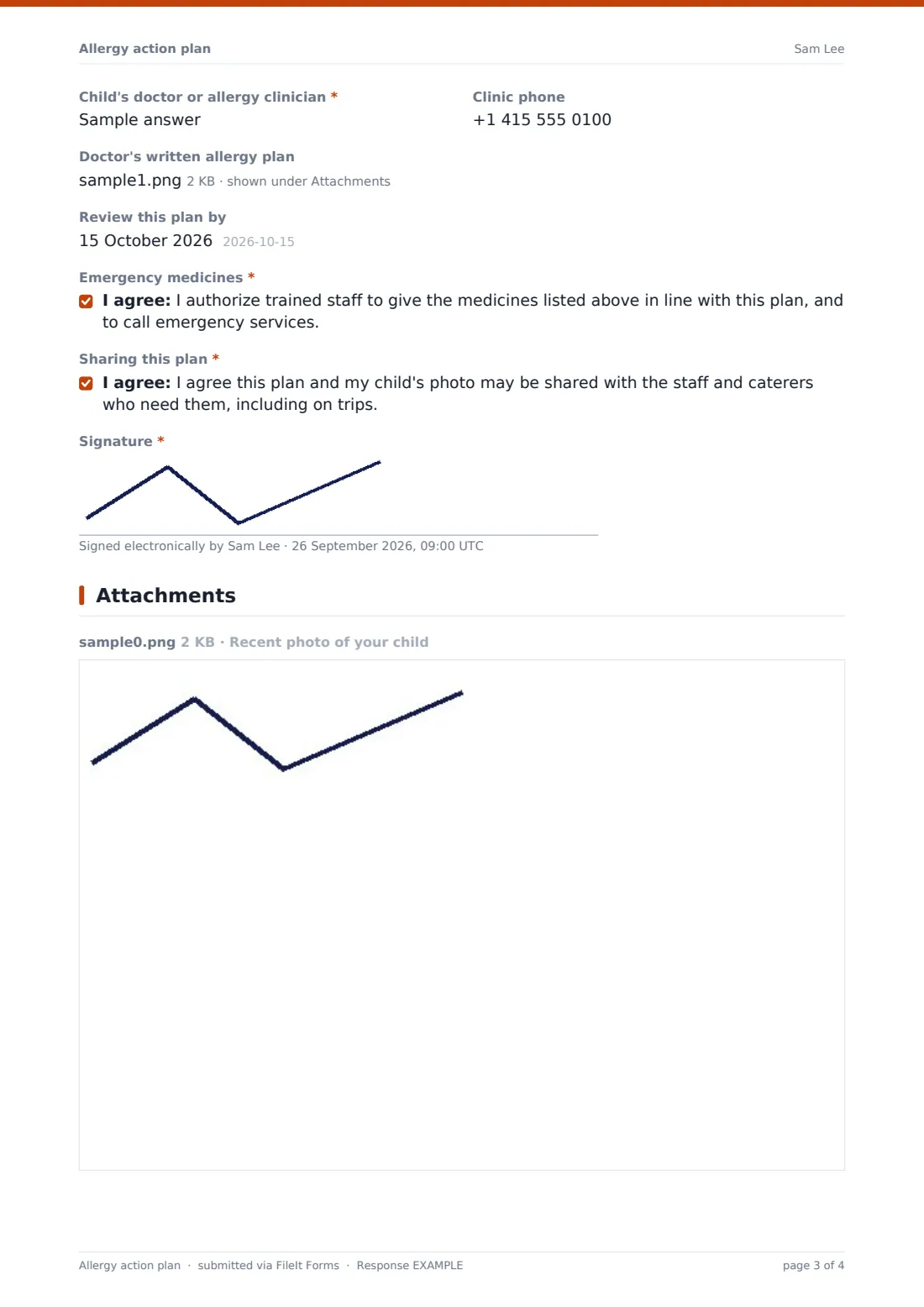 Allergy action plan — example response PDF, page 3 of 4