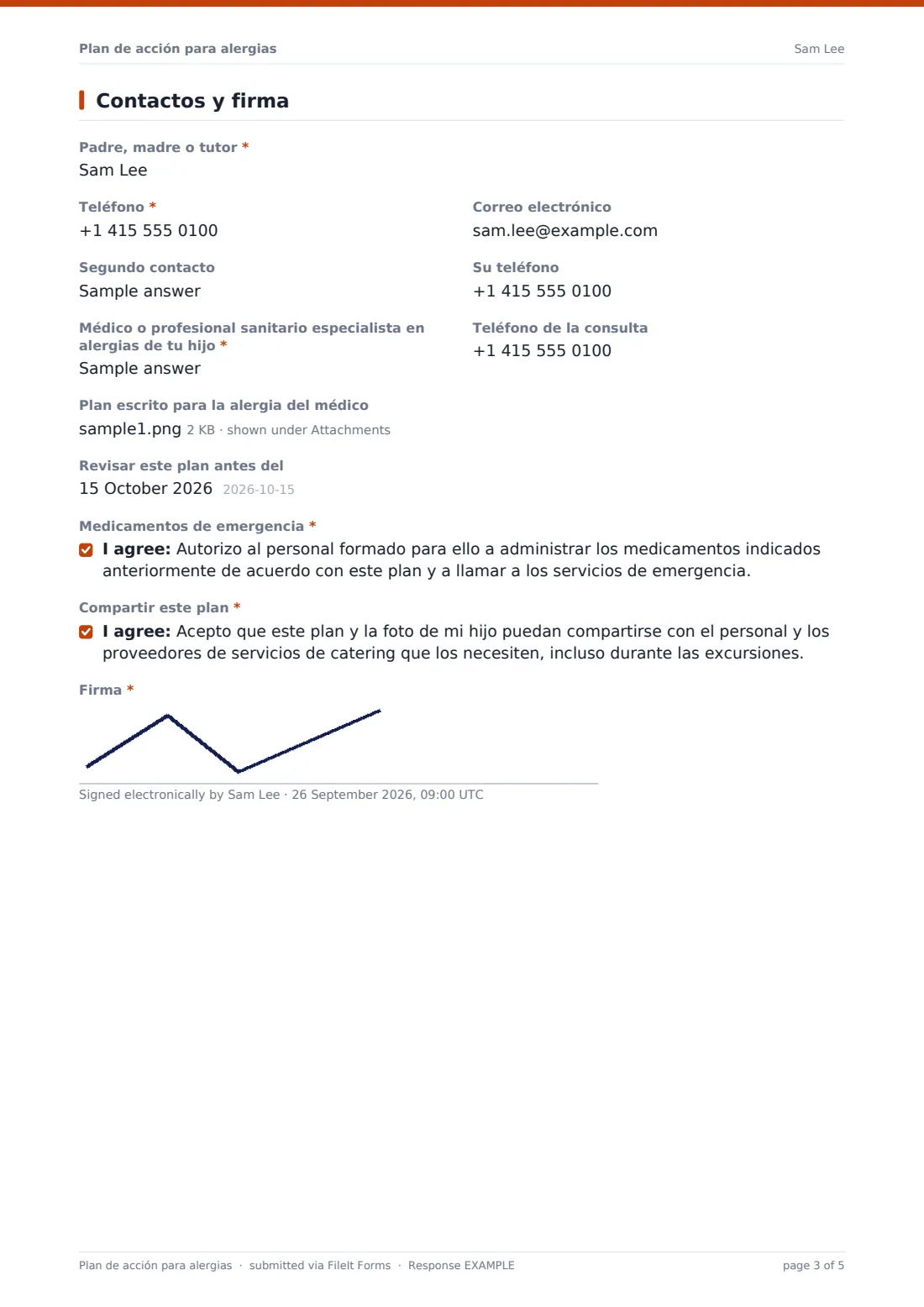 Plan de acción para alergias — PDF de respuesta de ejemplo, página 3 de 5