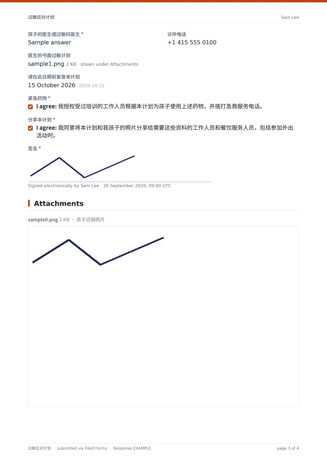 过敏应对计划 — 示例回复 PDF，第 3 页，共 4 页