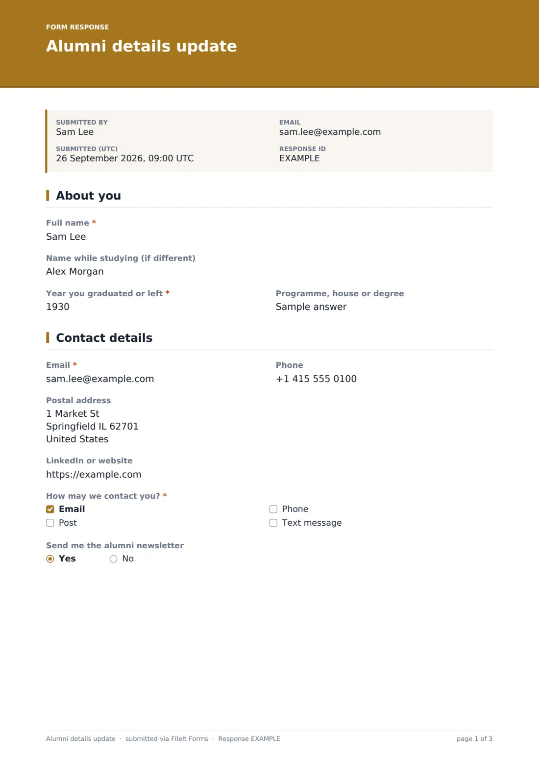 Alumni details update — example response PDF, page 1 of 3