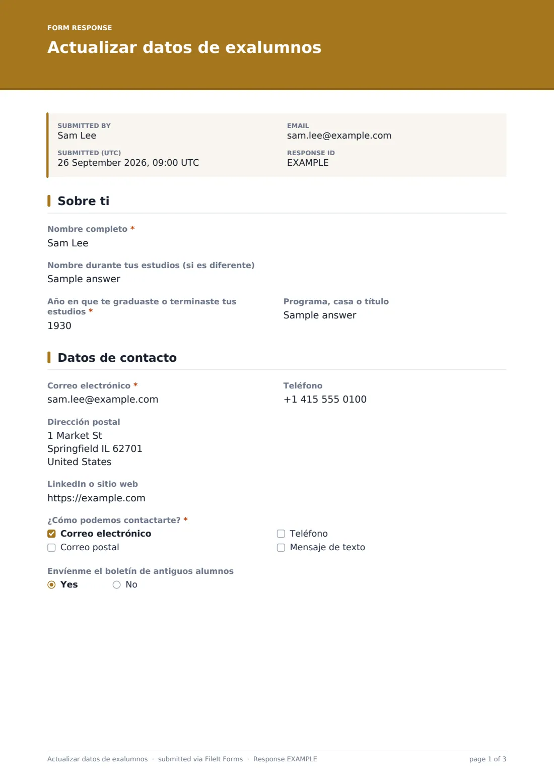 Actualizar datos de exalumnos — PDF de respuesta de ejemplo, página 1 de 3