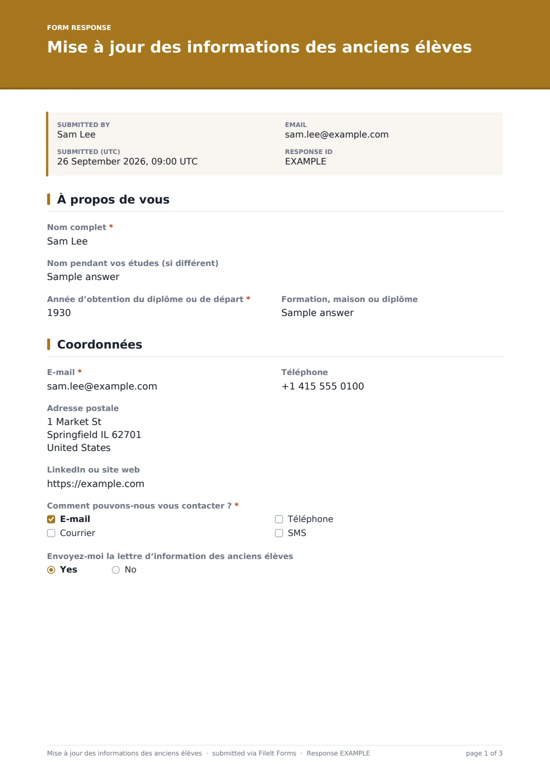 Mise à jour des informations des anciens élèves — exemple de réponse au format PDF, page 1 sur 3