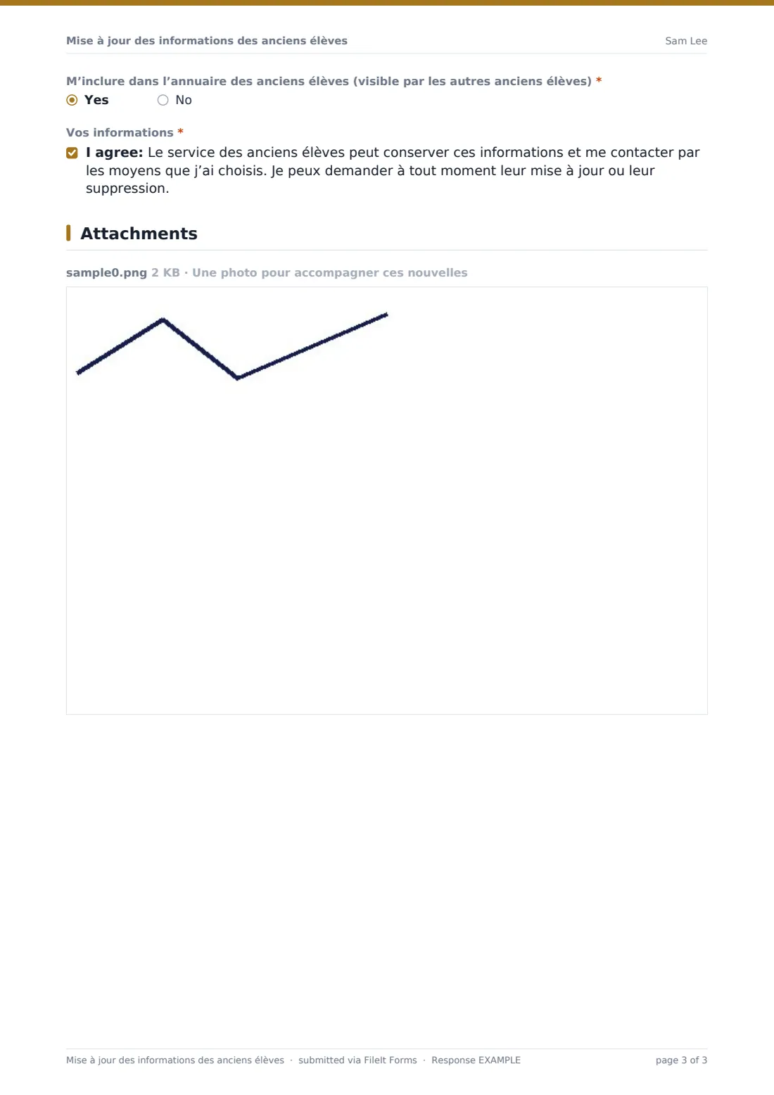 Mise à jour des informations des anciens élèves — exemple de réponse au format PDF, page 3 sur 3