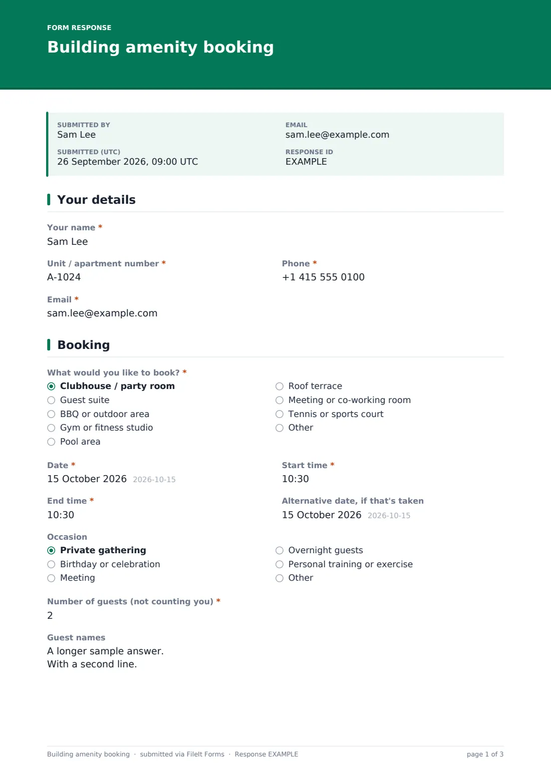 Building amenity booking — example response PDF, page 1 of 3