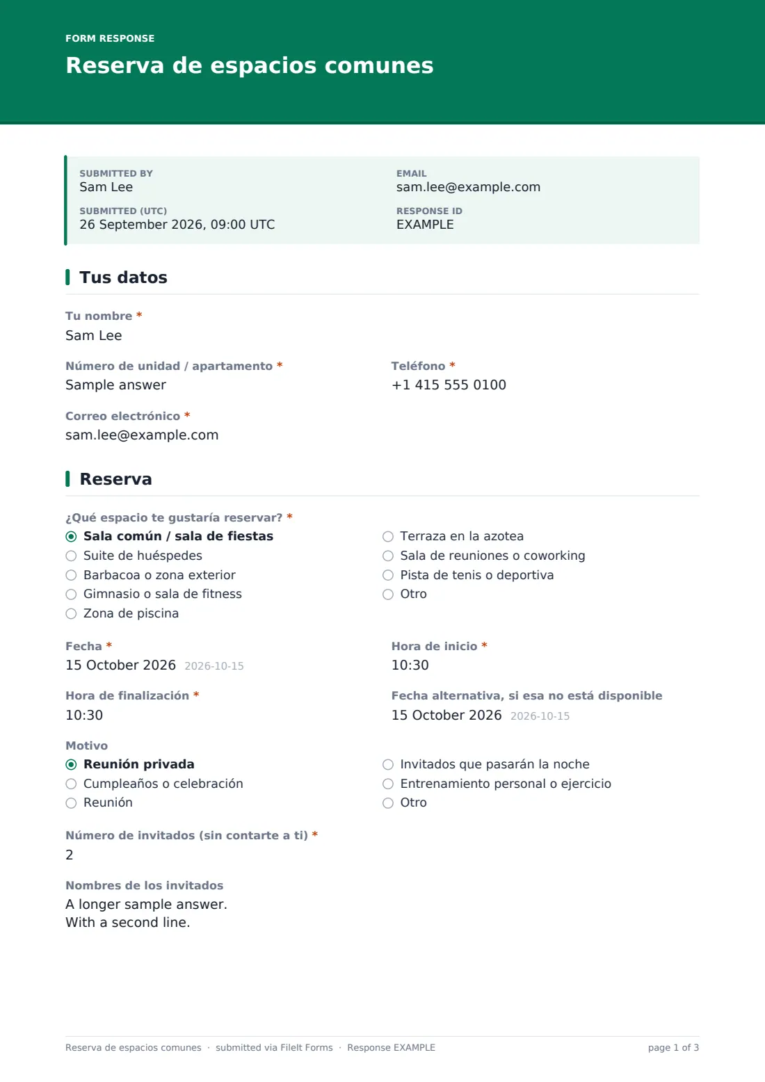 Reserva de espacios comunes — PDF de respuesta de ejemplo, página 1 de 3