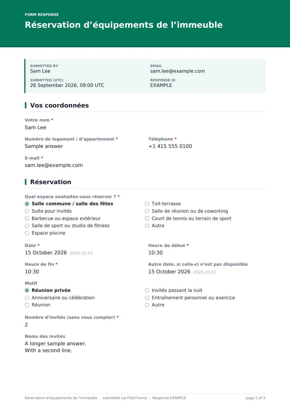 Réservation d’équipements de l’immeuble — exemple de réponse au format PDF, page 1 sur 3