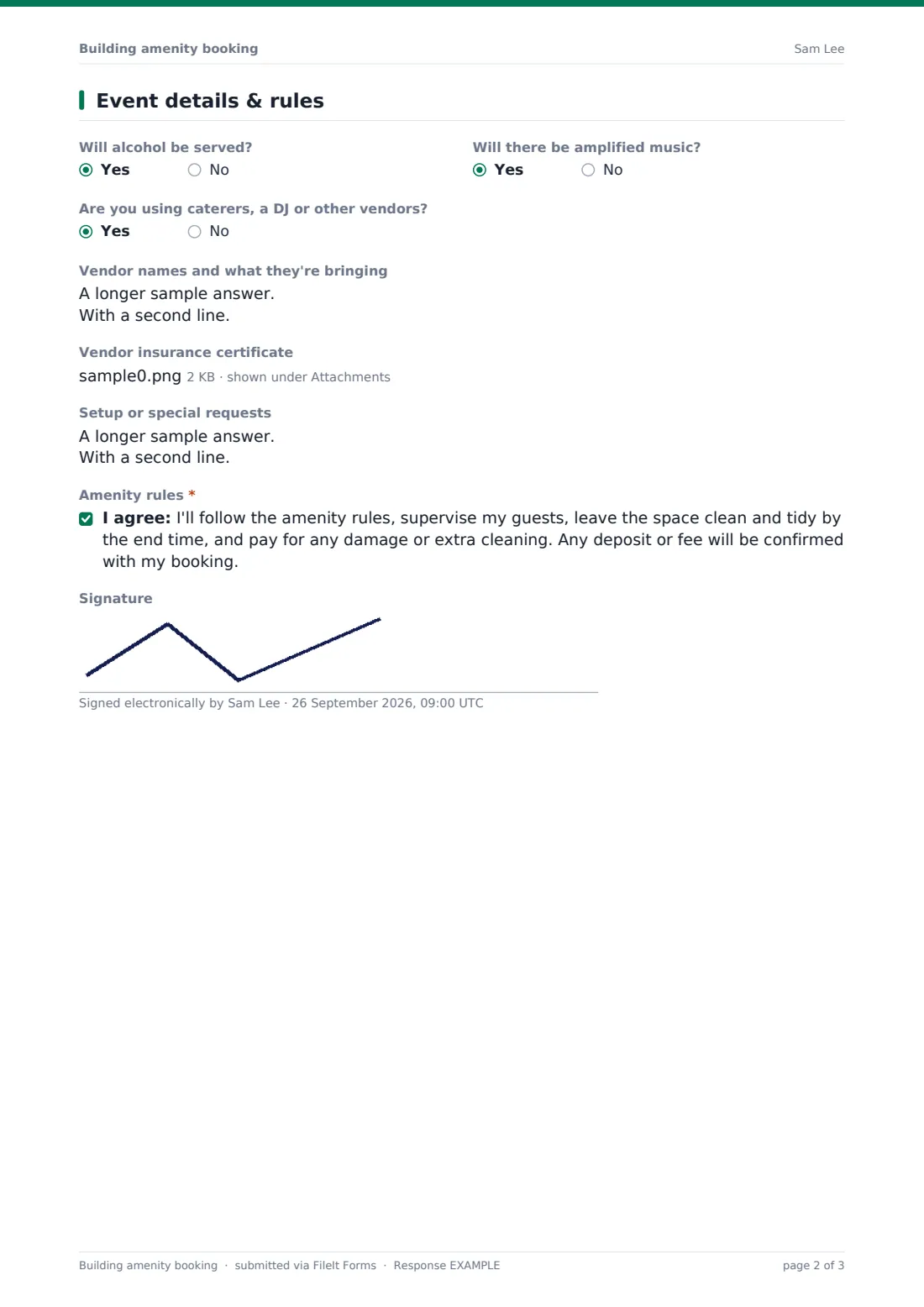 Building amenity booking — example response PDF, page 2 of 3
