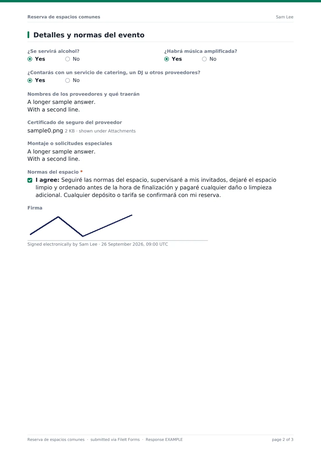 Reserva de espacios comunes — PDF de respuesta de ejemplo, página 2 de 3